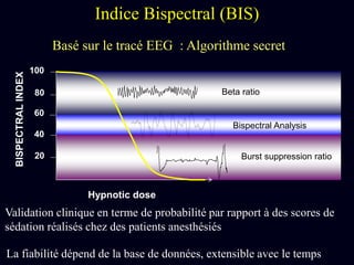100
40
60
80
20
Bispectral Analysis
Beta ratio
Burst suppression ratio
BISPECTRALINDEX
Hypnotic dose
Indice Bispectral (BIS)
Basé sur le tracé EEG : Algorithme secret
Validation clinique en terme de probabilité par rapport à des scores de
sédation réalisés chez des patients anesthésiés
La fiabilité dépend de la base de données, extensible avec le temps
 