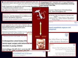 Anesth. Analg 2011 Nov;113(5):1143-51. Epub 2011 Mar 17.
Early childhood exposure to anesthesia and risk of developmental and
behavioral disorders in a sibling birth cohort.
DiMaggio Cn, Sun LS, Li G.
Department of Anesthesiology, Columbia University, 622 West 168 St., New
York, NY 10032, USA. cjd11@columbia.edu
J Anaesthesiol 2007. Feb;24(2):107-15. Epub 2006 Aug 8.
Liaisons dangereuses? General anaesthetics and long-
term toxicity in the CNS.
Perouanski M.
University of Wisconsin, Department of Anesthesiology,
Madison, WI, USA. mperouansky@wisc.edu
???? ????
 