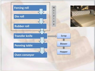 Forcing roll
Die roll
Rubber roll
Transfer knife
Penning table
Oven conveyor
M
o
l
d
i
n
g
Scrap
Blower
Hopper
 