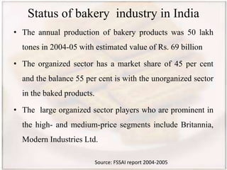 Status of bakery industry in India
• The annual production of bakery products was 50 lakh
tones in 2004-05 with estimated value of Rs. 69 billion
• The organized sector has a market share of 45 per cent
and the balance 55 per cent is with the unorganized sector
in the baked products.
• The large organized sector players who are prominent in
the high- and medium-price segments include Britannia,
Modern Industries Ltd.
Source: FSSAI report 2004-2005
 