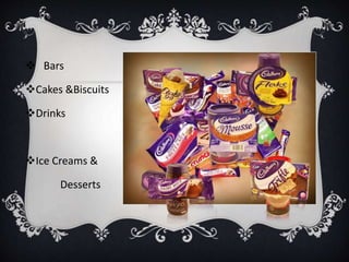 PRODUCT Bars
Cakes &Biscuits
Drinks
Ice Creams &
Desserts
 