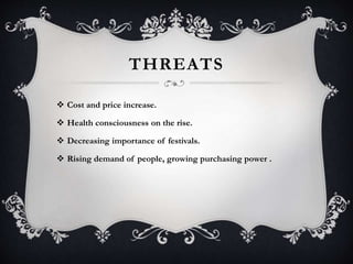 THREATS
 Cost and price increase.
 Health consciousness on the rise.
 Decreasing importance of festivals.
 Rising demand of people, growing purchasing power .
 