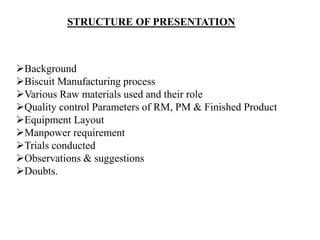 STRUCTURE OF PRESENTATION
➢Background
➢Biscuit Manufacturing process
➢Various Raw materials used and their role
➢Quality control Parameters of RM, PM & Finished Product
➢Equipment Layout
➢Manpower requirement
➢Trials conducted
➢Observations & suggestions
➢Doubts.
 