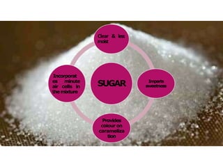 SUGAR
Clear & less
moist
Imparts
sweetness
Provides
colour on
carameliza
tion
Incorporat
es minute
air cells in
themixture
 
