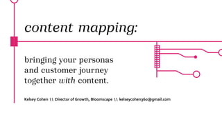 content mapping:
bringing your personas
and customer journey
together with content.
Kelsey Cohen   Director of Growth, Blo...