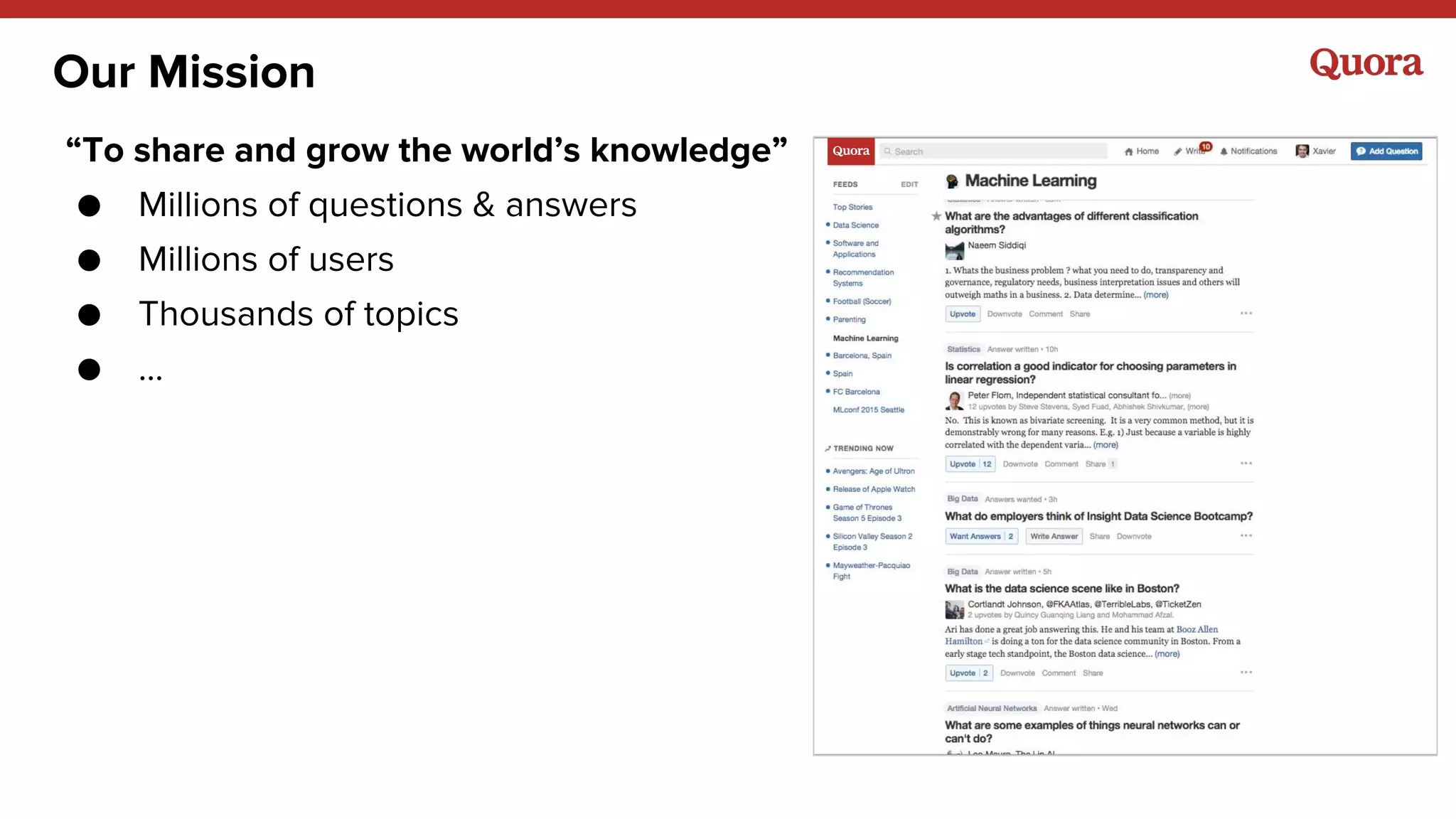 Our Mission
“To share and grow the world’s knowledge”
● Millions of questions & answers
● Millions of users
● Thousands of topics
● ...
 