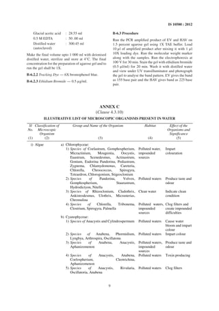 9
IS 10500 : 2012
Glacial acetic acid : 28.55 ml
0.5 M EDTA : 50 .00 ml
Distilled water : 300.45 ml
(autoclaved)
Make the final volume upto 1 000 ml with deionised
distilled water, sterilize and store at 4°C. The final
concentration for the preparation of agarose gel and to
run the gel shall be 1X.
B-6.2.2 Tracking Dye — 6X bromophenol blue.
B-6.2.3 Ethidium Bromide — 0.5 µg/ml.
B-6.3 Procedure
Run the PCR amplified product of EV and HAV on
1.5 percent agarose gel using 1X TAE buffer. Load
10 µl of amplified product after mixing it with 1 µl
10X loading dye. Run the molecular weight marker
along with the samples. Run the electrophoresis at
100 V for 30 min. Stain the gel with ethidium bromide
(0.5 µl/ml) for 20 min. Wash it with distilled water
and view under UV transilluminator and photograph
the gel to analyse the band pattern. EV gives the band
as 155 base pair and the HAV gives band as 225 base
pair.
ANNEX C
(Clause 4.3.10)
ILLUSTRATIVE LIST OF MICROSCOPIC ORGANISMS PRESENT IN WATER
Sl
No.
Classification of
Microscopic
Organism
Group and Name of the Organism Habitat Effect of the
Organisms and
Significance
(1) (2) (3) (4) (5)
i) Algae a) Chlorophyceae:
1) Species of Coelastrum, Gomphospherium,
Micractinium, Mougeotia, Oocystis,
Euastrum, Scenedesmus, Actinastrum,
Gonium, Eudorina Pandorina, Pediastrum,
Zygnema, Chlamydomonas, Careteria,
Chlorella, Chroococcus, Spirogyra,
Tetraedron, Chlorogonium, Stigeoclonium
Polluted water,
impounded
sources
Impart
colouration
2) Species of Pandorina, Volvox,
Gomphospherium, Staurastrum,
Hydrodictyon, Nitella
Polluted waters Produce taste and
odour
3) Species of Rhizoclonium, Cladothrix,
Ankistrodesmus, Ulothrix, Micrasterias,
Chromulina
Clean water Indicate clean
condition
4) Species of Chlorella, Tribonema,
Clostrium, Spirogyra, Palmella
Polluted waters,
impounded
sources
Clog filters and
create impounded
difficulties
b) Cyanophyceae:
1) Species of Anacystis and Cylindrospermum Polluted waters Cause water
bloom and impart
colour
2) Species of Anabena, Phormidium,
Lyngbya, Arthrospira, Oscillatona
Polluted waters Impart colour
3) Species of Anabena, Anacystis,
Aphanizomenon
Polluted waters,
impounded
sources
Produce taste and
odour
4) Species of Anacystis, Anabena,
Coelospherium, Cleotrichina,
Aphanizomenon
Polluted waters Toxin producing
5) Species of Anacystis, Rivularia,
Oscillatoria, Anabena
Polluted waters Clog filters
 
