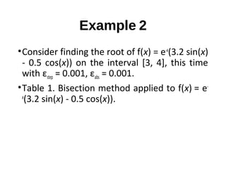 Example 2
•Consider finding the root of f(x) = e-x
(3.2 sin(x)
- 0.5 cos(x)) on the interval [3, 4], this time
with εstep = 0.001, εabs = 0.001.
•Table 1. Bisection method applied to f(x) = e-
x
(3.2 sin(x) - 0.5 cos(x)).
 