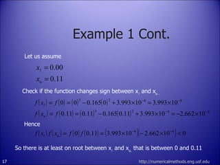 Example 1 Cont. http://numericalmethods.eng.usf.edu Let us assume Check if the function changes sign between x   and x u . Hence So there is at least on root between x   and x u,  that is between 0 and 0.11 