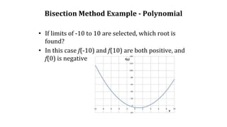 Bisection Method Example - Polynomial
• If limits of -10 to 10 are selected, which root is
found?
• In this case f(-10) and f(10) are both positive, and
f(0) is negative
 