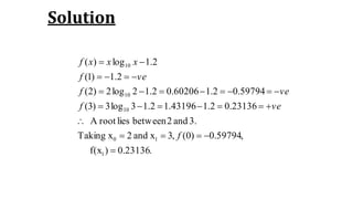 Solution
.23136.0)f(x
,59794.0)0(,3xand2xTaking
3.and2betweenliesrootA
23136.02.143196.12.13log3)3(
59794.02.160206.02.12log2)2(
2.1)1(
2.1log)(
1
10
10
10
10







f
vef
vef
vef
xxxf
 