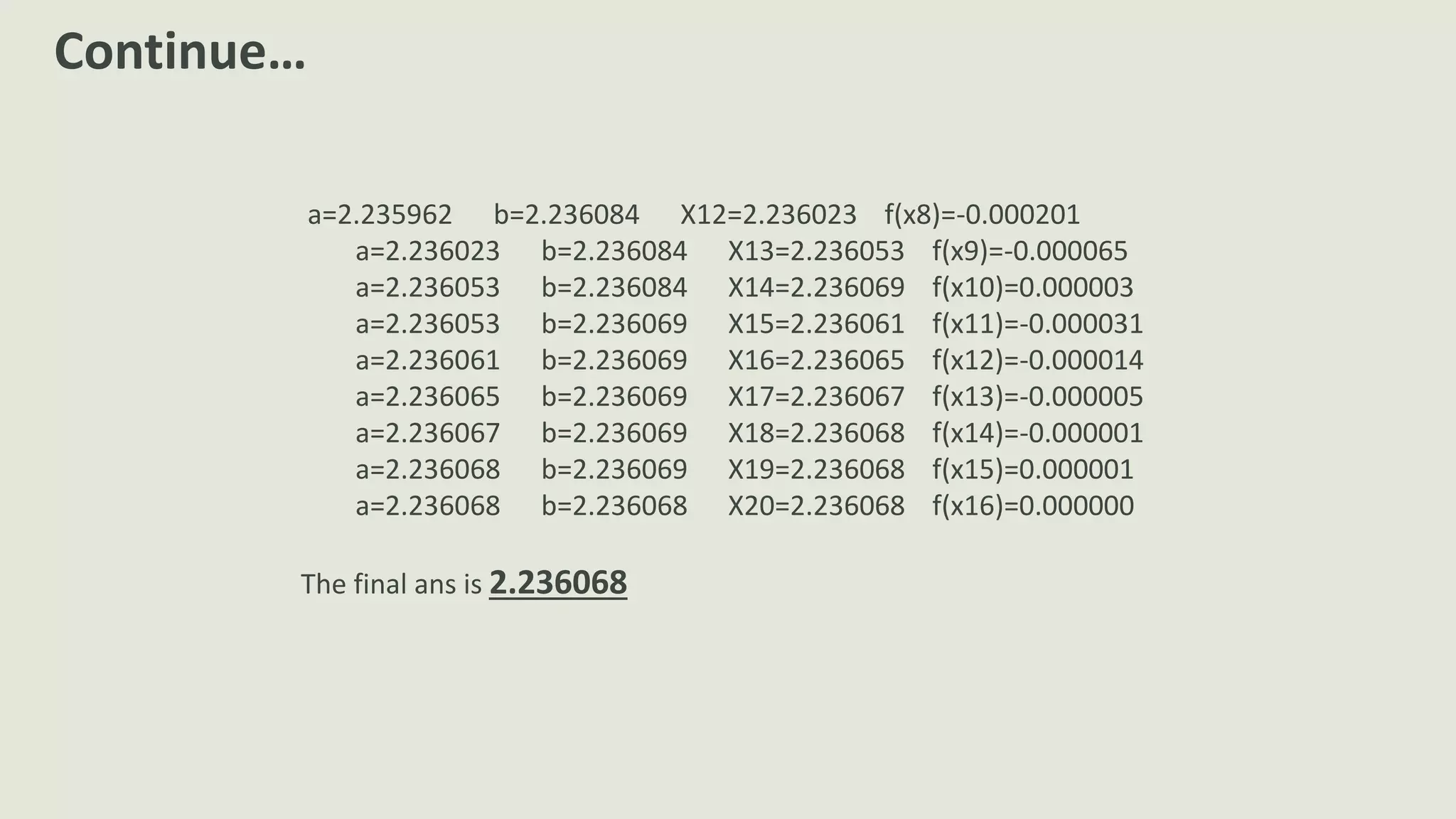 a=2.235962 b=2.236084 X12=2.236023 f(x8)=-0.000201
a=2.236023 b=2.236084 X13=2.236053 f(x9)=-0.000065
a=2.236053 b=2.236084 X14=2.236069 f(x10)=0.000003
a=2.236053 b=2.236069 X15=2.236061 f(x11)=-0.000031
a=2.236061 b=2.236069 X16=2.236065 f(x12)=-0.000014
a=2.236065 b=2.236069 X17=2.236067 f(x13)=-0.000005
a=2.236067 b=2.236069 X18=2.236068 f(x14)=-0.000001
a=2.236068 b=2.236069 X19=2.236068 f(x15)=0.000001
a=2.236068 b=2.236068 X20=2.236068 f(x16)=0.000000
The final ans is 2.236068
Continue…
 