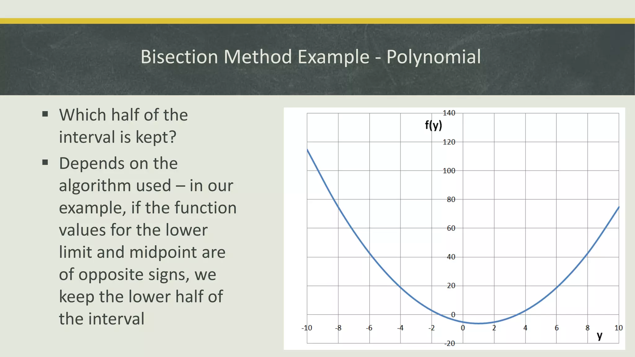 Bisection Method Example - Polynomial
 Which half of the
interval is kept?
 Depends on the
algorithm used – in our
example, if the function
values for the lower
limit and midpoint are
of opposite signs, we
keep the lower half of
the interval
 