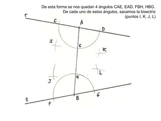 De esta forma se nos quedan 4 ángulos CAE, EAD, FBH, HBG.  De cada uno de estos ángulos, sacamos la bisectriz  (puntos I, K, J, L)  