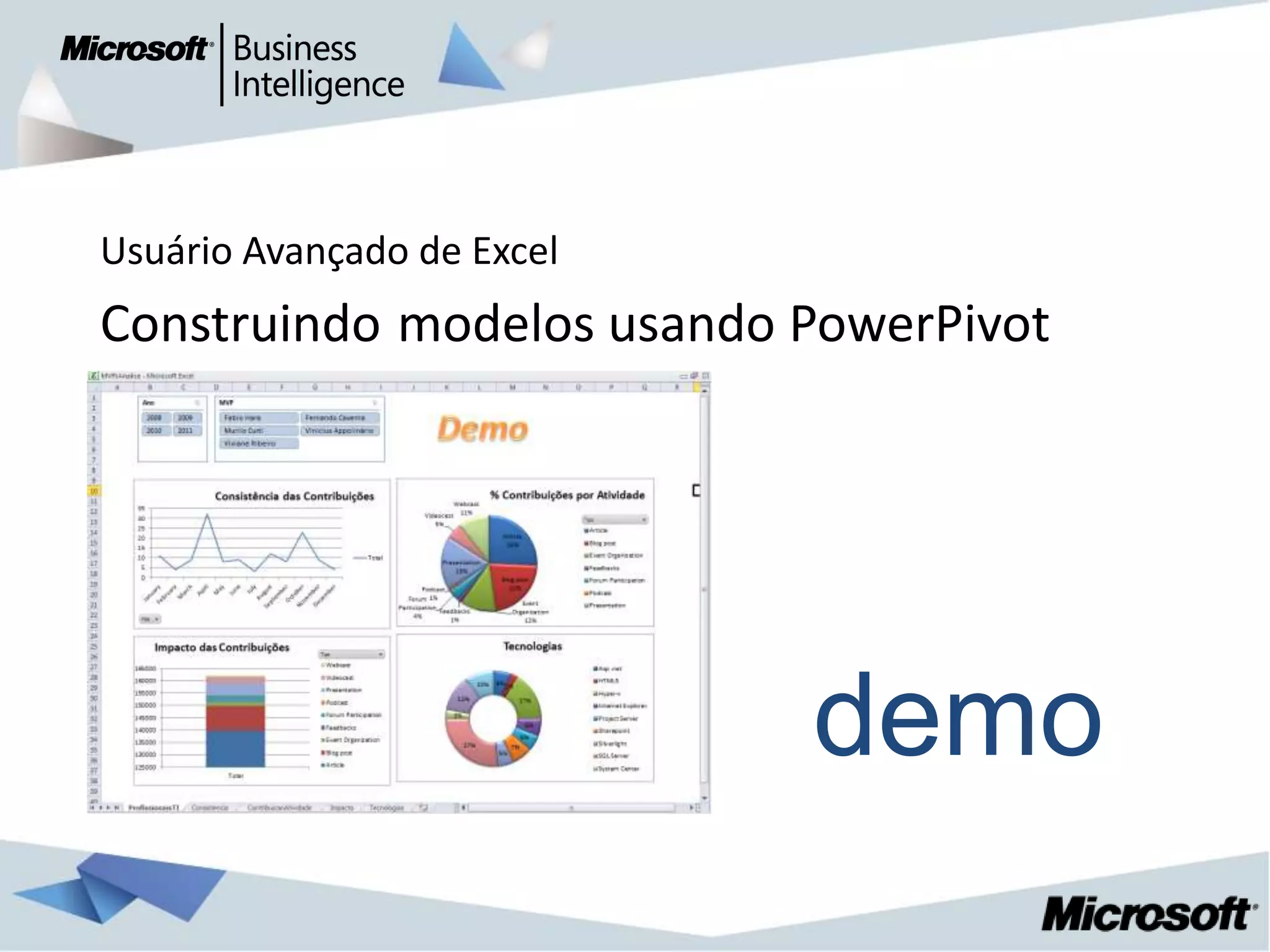 Usuário Avançado de Excel
Construindo modelos usando PowerPivot




                            demo
 