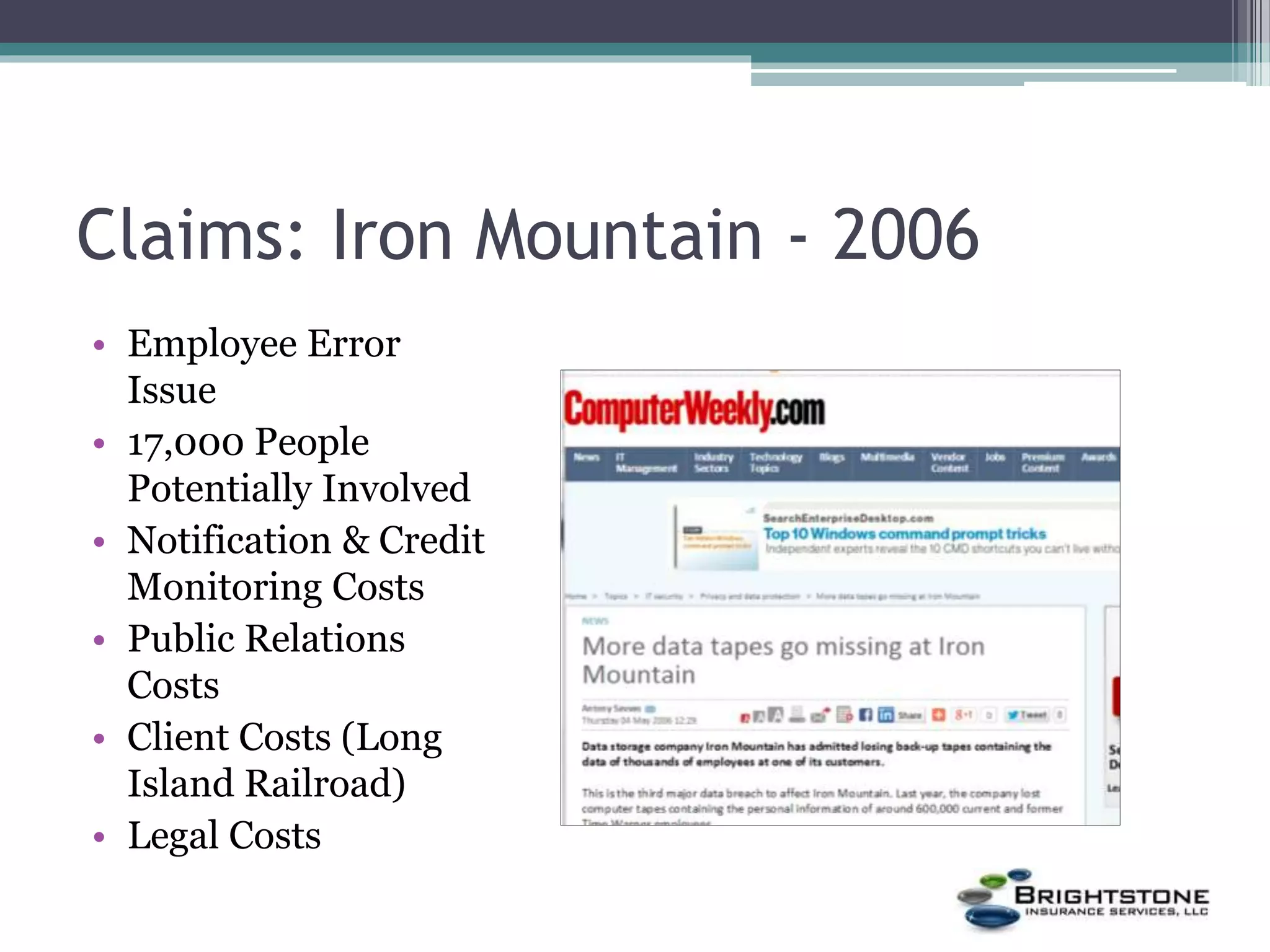 Claims: Iron Mountain - 2006
• Employee Error
Issue
• 17,000 People
Potentially Involved
• Notification & Credit
Monitoring Costs
• Public Relations
Costs
• Client Costs (Long
Island Railroad)
• Legal Costs
 