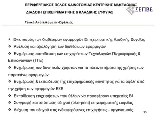 Τελικά Αποτελέσματα - Ωφέλειες Εντοπισμός των διαθέσιμων εφαρμογών Επιχειρηματικής Κλαδικής Ευφυΐας  Ανάλυση και αξιολόγηση των διαθέσιμων εφαρμογών  Ενημέρωση εκπαίδευση των επιχειρήσεων Τεχνολογιών Πληροφορικής & Επικοινωνιών (ΤΠΕ)  Ενημέρωση των δυνητικών χρηστών για τα πλεονεκτήματα της χρήσης των παραπάνω εφαρμογών Ενημέρωση & εκπαίδευση της επιχειρηματικής κοινότητας για τα οφέλη από την χρήση των εφαρμογών ΕΚΕ Εκπαίδευση επιχειρήσεων που θέλουν να προσφέρουν υπηρεσίες ΒΙ Συγγραφή και εκτύπωση οδηγού (blue-print) επιχειρηματικής ευφυΐας Διάχυση του οδηγού στις ενδιαφερόμενες επιχειρήσεις - οργανισμούς ΠΕΡΙΦΕΡΕΙΑΚΟΣ ΠΟΛΟΣ ΚΑΙΝΟΤΟΜΙΑΣ   ΚΕΝΤΡΙΚΗΣ ΜΑΚΕΔΟΝΙΑΣ  ΔΙΑΔΟΣΗ ΕΠΙΧΕΙΡΗΜΑΤΙΚΗΣ & ΚΛΑΔΙΚΗΣ ΕΥΦΥΙΑΣ  
