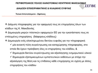 Τελικά Αποτελέσματα - Ωφέλειες Διάχυση πληροφορίας για την εφαρμογή τους σε επιχειρήσεις όλων των  κλάδων της Κ. Μακεδονίας Δημιουργία μικρών πιλοτικών εφαρμογών ΕΕ για την εγκατάσταση τους σε επιλεγμένες επιχειρήσεις  (διάφορους κλάδους) Δημιουργία ενός ολοκληρωμένου δικτύου ευφυΐας για την πληροφορική  μία ανοικτή πύλη συγκέντρωσης και καταχώρησης πληροφορίας, στο οποίο θα έχουν πρόσβαση όλες οι επιχειρήσεις του κλάδου, & δημιουργία δικτύου συγκέντρωσης και αξιολόγησης ενημερωτικού υλικού δημιουργία εξατομικευμένων εμπιστευτικών εκθέσεων με στόχο την αξιολόγηση της θέση και τις επιδόσεις κάθε επιχείρησης σε σχέση με άλλες επιχειρήσεις του κλάδου ΠΕΡΙΦΕΡΕΙΑΚΟΣ ΠΟΛΟΣ ΚΑΙΝΟΤΟΜΙΑΣ   ΚΕΝΤΡΙΚΗΣ ΜΑΚΕΔΟΝΙΑΣ  ΔΙΑΔΟΣΗ ΕΠΙΧΕΙΡΗΜΑΤΙΚΗΣ & ΚΛΑΔΙΚΗΣ ΕΥΦΥΙΑΣ  