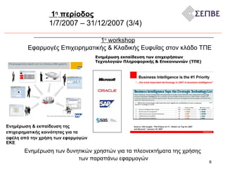 Ενημέρωση εκπαίδευση των επιχειρήσεων  Τεχνολογιών Πληροφορικής & Επικοινωνιών (ΤΠΕ)   Ενημέρωση των δυνητικών χρηστών για τα πλεονεκτήματα της χρήσης  των παραπάνω εφαρμογών Ενημέρωση & εκπαίδευση της  επιχειρηματικής κοινότητας για τα  οφέλη από την χρήση των εφαρμογών ΕΚΕ 1 ο   workshop   Εφαρμογές Επιχειρηματικής  &  Κλαδικής Ευφυΐας στον κλάδο ΤΠΕ 1 η  περίοδος 1/7/2007 – 31/12/2007 (3/ 4 ) 