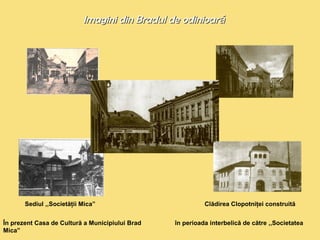d Imagini diinn BBrraadduull ddee ooddiinniiooaarrăă 
Sediul ,,Societăţii Mica” Clădirea Clopotniţei construită 
În prezent Casa de Cultură a Municipiului Brad în perioada interbelică de către ,,Societatea 
Mica” 
 