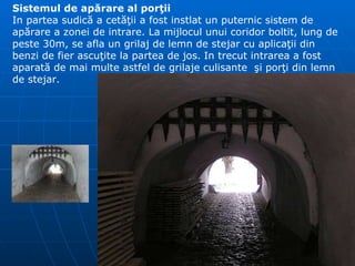 Sistemul de ap ă rare al por ţ ii In partea sudic ă  a cet ăţ ii a fost instlat un puternic sistem de ap ă rare a zonei de intrare. La mijlocul unui coridor boltit, lung de  peste 30m, se afla un grilaj de lemn de stejar cu apl i ca ţ ii din  benzi de  fier   ascuţite la partea de jos.   In trecut intrarea a fost aparat ă  de mai multe astfel de grilaje culisante   ş i por ţ i din lemn de stejar. 
