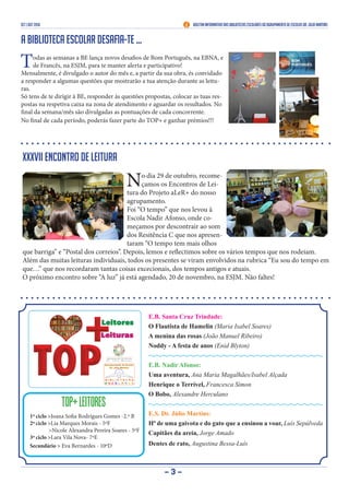 set | out 2016 Boletim Informativo das Bibliotecas Escolares do Agrupamento de Escolas Dr. Júlio Martins
- 3 -
E.B. Santa Cruz Trindade:
O Flautista de Hamelin (Maria Isabel Soares)
A menina das rosas (João Manuel Ribeiro)
Noddy - A festa de anos (Enid Blyton)
E.B. Nadir Afonso:
Uma aventura, Ana Maria Magalhães/Isabel Alçada
Henrique o Terrível, Francesca Simon
O Bobo, Alexandre Herculano
E.S. Dr. Júlio Martins:
Hª de uma gaivota e do gato que a ensinou a voar, Luís Sepúlveda
Capitães da areia, Jorge Amado
Dentes de rato, Augustina Bessa-Luís
A biblioteca escolar desafia-te ...
Todas as semanas a BE lança novos desafios de Bom Português, na EBNA, e
de Francês, na ESJM, para te manter alerta e participativo!
Mensalmente, é divulgado o autor do mês e, a partir da sua obra, és convidado
a responder a algumas questões que mostrarão a tua atenção durante as leitu-
ras.
Só tens de te dirigir à BE, responder às questões propostas, colocar as tuas res-
postas na respetiva caixa na zona de atendimento e aguardar os resultados. No
final da semana/mês são divulgadas as pontuações de cada concorrente.
No final de cada período, poderás fazer parte do TOP+ e ganhar prémios!!!
XXXVII Encontro de Leitura
No dia 29 de outubro, recome-
çamos os Encontros de Lei-
tura do Projeto aLeR+ do nosso
agrupamento.
Foi “O tempo” que nos levou à
Escola Nadir Afonso, onde co-
meçamos por descontrair ao som
dos Resitência C que nos apresen-
taram “O tempo tem mais olhos
que barriga” e “Postal dos correios”. Depois, lemos e reflectimos sobre os vários tempos que nos rodeiam.
Além das muitas leituras individuais, todos os presentes se viram envolvidos na rubrica “Eu sou do tempo em
que…” que nos recordaram tantas coisas excecionais, dos tempos antigos e atuais.
O próximo encontro sobre “A luz” já está agendado, 20 de novembro, na ESJM. Não faltes!
1º ciclo >Joana Sofia Rodrigues Gomes -2.º B
2º ciclo >Lia Marques Morais - 5ºF
>Nicole Alexandra Pereira Soares - 5ºF
3º ciclo >Lara Vila Nova- 7ºE
Secundário > Eva Bernardes - 10ºD
TOP+LEITORES
 