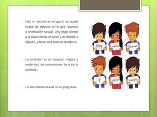 • Hay un sentido en el que si se puede
hablar de elección en lo que respecta
a orientación sexual. Uno elige abrirse
a la experiencia de amar y de desear a
alguien, y tener una postura receptiva.
• La atracción es un conjunto mágico y
misterioso de sensaciones. (uno no la
controla).
• La orientación sexual no se programa.
 