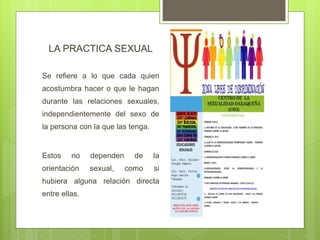 LA PRACTICA SEXUAL
Se refiere a lo que cada quien
acostumbra hacer o que le hagan
durante las relaciones sexuales,
independientemente del sexo de
la persona con la que las tenga.
Estos no dependen de la
orientación sexual, como si
hubiera alguna relación directa
entre ellas.
 