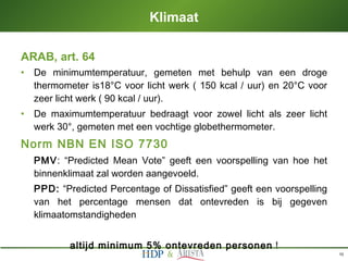 Klimaat <ul><li>ARAB, art. 64 </li></ul><ul><li>De minimumtemperatuur, gemeten met behulp van een droge thermometer is18°C...