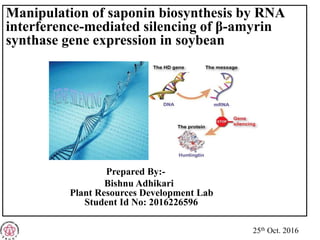 Manipulation of saponin biosynthesis by RNA
interference-mediated silencing of β-amyrin
synthase gene expression in soybean
Prepared By:-
Bishnu Adhikari
Plant Resources Development Lab
Student Id No: 2016226596
25th Oct. 2016
 