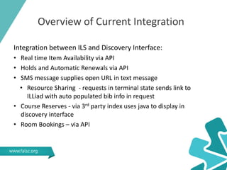 Overview of Current Integration
Integration between ILS and Discovery Interface:
• Real time Item Availability via API
• Holds and Automatic Renewals via API
• SMS message supplies open URL in text message
• Resource Sharing - requests in terminal state sends link to
ILLiad with auto populated bib info in request
• Course Reserves - via 3rd party index uses java to display in
discovery interface
• Room Bookings – via API
 