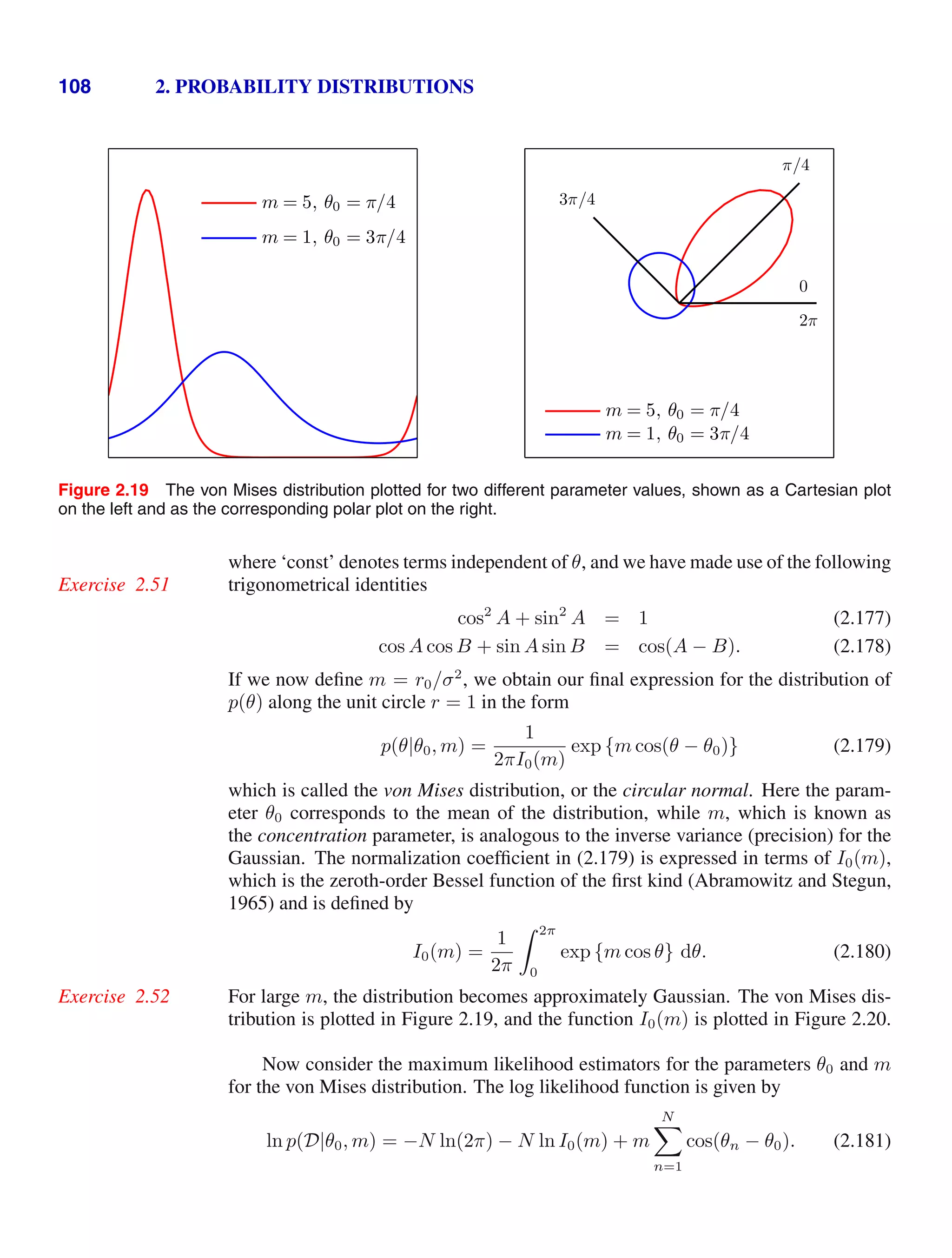 108 2. PROBABILITY DISTRIBUTIONS
m = 5, θ0 = π/4
m = 1, θ0 = 3π/4
2π
0
π/4
3π/4
m = 5, θ0 = π/4
m = 1, θ0 = 3π/4
Figure 2.19 The von Mises distribution plotted for two different parameter values, shown as a Cartesian plot
on the left and as the corresponding polar plot on the right.
where ‘const’ denotes terms independent of θ, and we have made use of the following
trigonometrical identities
Exercise 2.51
cos2
A + sin2
A = 1 (2.177)
cos A cos B + sin A sin B = cos(A − B). (2.178)
If we now deﬁne m = r0/σ2
, we obtain our ﬁnal expression for the distribution of
p(θ) along the unit circle r = 1 in the form
p(θ|θ0, m) =
1
2πI0(m)
exp {m cos(θ − θ0)} (2.179)
which is called the von Mises distribution, or the circular normal. Here the param-
eter θ0 corresponds to the mean of the distribution, while m, which is known as
the concentration parameter, is analogous to the inverse variance (precision) for the
Gaussian. The normalization coefﬁcient in (2.179) is expressed in terms of I0(m),
which is the zeroth-order Bessel function of the ﬁrst kind (Abramowitz and Stegun,
1965) and is deﬁned by
I0(m) =
1
2π
 2π
0
exp {m cos θ} dθ. (2.180)
For large m, the distribution becomes approximately Gaussian. The von Mises dis-
Exercise 2.52
tribution is plotted in Figure 2.19, and the function I0(m) is plotted in Figure 2.20.
Now consider the maximum likelihood estimators for the parameters θ0 and m
for the von Mises distribution. The log likelihood function is given by
ln p(D|θ0, m) = −N ln(2π) − N ln I0(m) + m
N

n=1
cos(θn − θ0). (2.181)
 