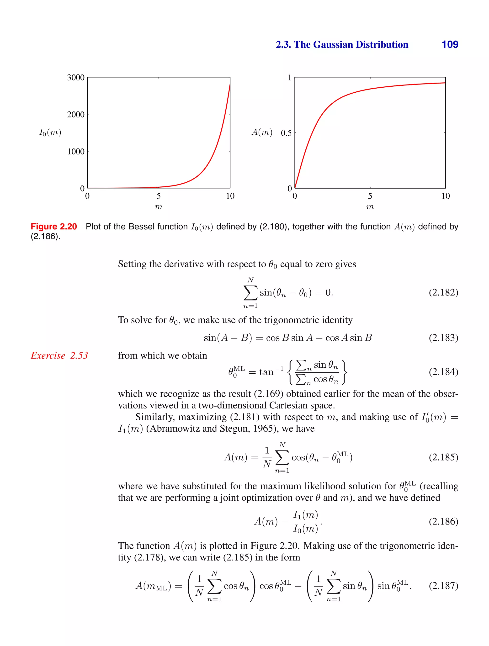 2.3. The Gaussian Distribution 109
I0(m)
m
0 5 10
0
1000
2000
3000
A(m)
m
0 5 10
0
0.5
1
Figure 2.20 Plot of the Bessel function I0(m) deﬁned by (2.180), together with the function A(m) deﬁned by
(2.186).
Setting the derivative with respect to θ0 equal to zero gives
N

n=1
sin(θn − θ0) = 0. (2.182)
To solve for θ0, we make use of the trigonometric identity
sin(A − B) = cos B sin A − cos A sin B (2.183)
from which we obtain
Exercise 2.53
θML
0 = tan−1

n sin θn

n cos θn
(2.184)
which we recognize as the result (2.169) obtained earlier for the mean of the obser-
vations viewed in a two-dimensional Cartesian space.
Similarly, maximizing (2.181) with respect to m, and making use of I
0(m) =
I1(m) (Abramowitz and Stegun, 1965), we have
A(m) =
1
N
N

n=1
cos(θn − θML
0 ) (2.185)
where we have substituted for the maximum likelihood solution for θML
0 (recalling
that we are performing a joint optimization over θ and m), and we have deﬁned
A(m) =
I1(m)
I0(m)
. (2.186)
The function A(m) is plotted in Figure 2.20. Making use of the trigonometric iden-
tity (2.178), we can write (2.185) in the form
A(mML) =

1
N
N

n=1
cos θn

cos θML
0 −

1
N
N

n=1
sin θn

sin θML
0 . (2.187)
 