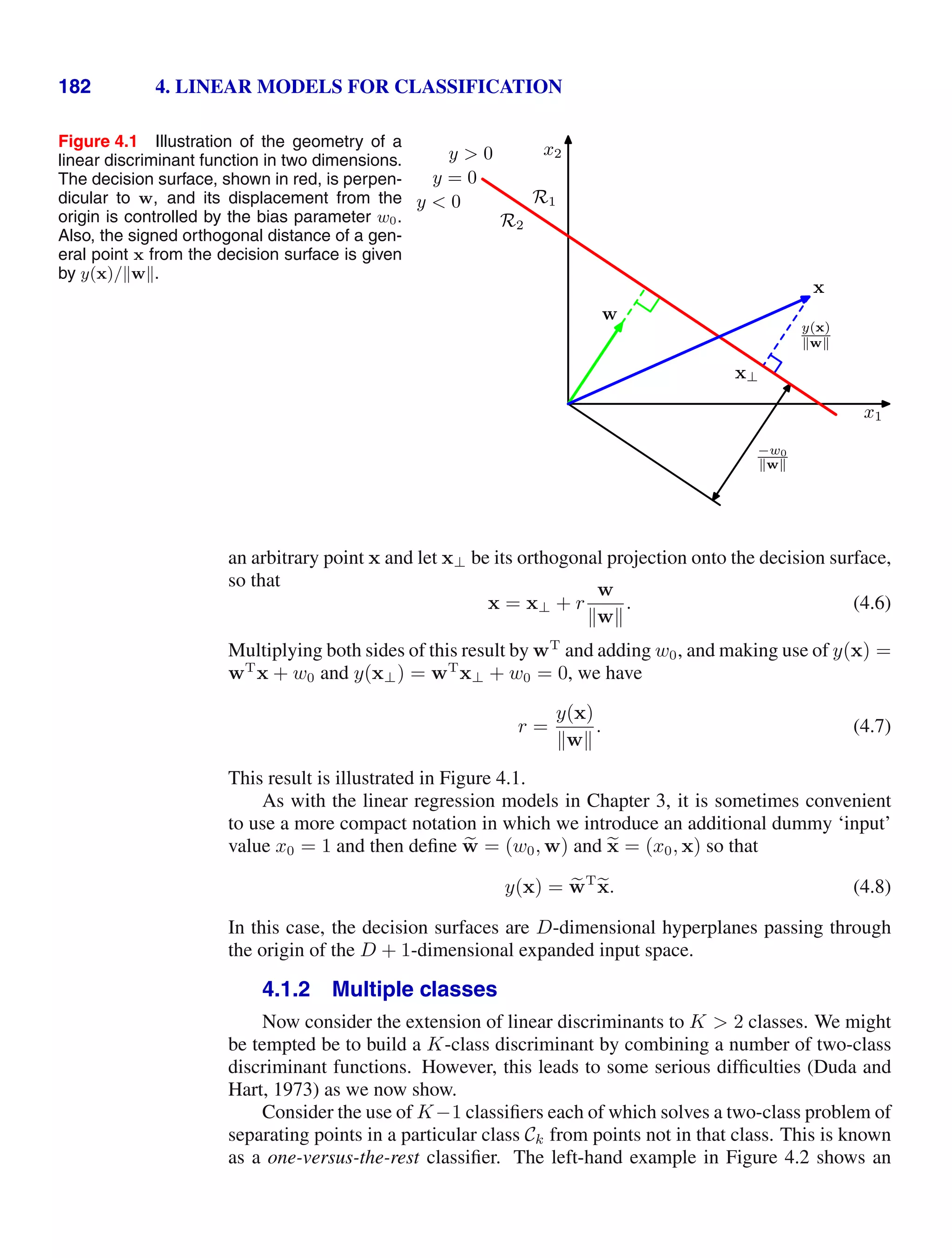 182 4. LINEAR MODELS FOR CLASSIFICATION
Figure 4.1 Illustration of the geometry of a
linear discriminant function in two dimensions.
The decision surface, shown in red, is perpen-
dicular to w, and its displacement from the
origin is controlled by the bias parameter w0.
Also, the signed orthogonal distance of a gen-
eral point x from the decision surface is given
by y(x)/w.
x2
x1
w
x
y(x)
w
x⊥
−w0
w
y = 0
y  0
y  0
R2
R1
an arbitrary point x and let x⊥ be its orthogonal projection onto the decision surface,
so that
x = x⊥ + r
w
w
. (4.6)
Multiplying both sides of this result by wT
and adding w0, and making use of y(x) =
wT
x + w0 and y(x⊥) = wT
x⊥ + w0 = 0, we have
r =
y(x)
w
. (4.7)
This result is illustrated in Figure 4.1.
As with the linear regression models in Chapter 3, it is sometimes convenient
to use a more compact notation in which we introduce an additional dummy ‘input’
value x0 = 1 and then deﬁne 
w = (w0, w) and 
x = (x0, x) so that
y(x) = 
wT

x. (4.8)
In this case, the decision surfaces are D-dimensional hyperplanes passing through
the origin of the D + 1-dimensional expanded input space.
4.1.2 Multiple classes
Now consider the extension of linear discriminants to K  2 classes. We might
be tempted be to build a K-class discriminant by combining a number of two-class
discriminant functions. However, this leads to some serious difﬁculties (Duda and
Hart, 1973) as we now show.
Consider the use of K−1 classiﬁers each of which solves a two-class problem of
separating points in a particular class Ck from points not in that class. This is known
as a one-versus-the-rest classiﬁer. The left-hand example in Figure 4.2 shows an
 