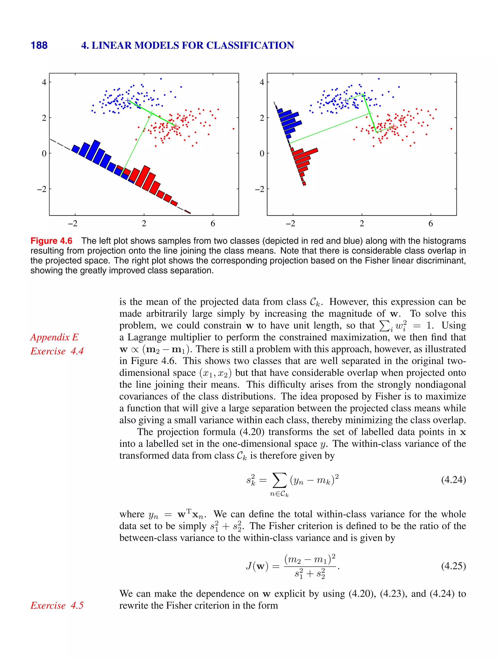 188 4. LINEAR MODELS FOR CLASSIFICATION
−2 2 6
−2
0
2
4
−2 2 6
−2
0
2
4
Figure 4.6 The left plot shows samples from two classes (depicted in red and blue) along with the histograms
resulting from projection onto the line joining the class means. Note that there is considerable class overlap in
the projected space. The right plot shows the corresponding projection based on the Fisher linear discriminant,
showing the greatly improved class separation.
is the mean of the projected data from class Ck. However, this expression can be
made arbitrarily large simply by increasing the magnitude of w. To solve this
problem, we could constrain w to have unit length, so that

i w2
i = 1. Using
a Lagrange multiplier to perform the constrained maximization, we then ﬁnd that
Appendix E
w ∝ (m2 − m1). There is still a problem with this approach, however, as illustrated
Exercise 4.4
in Figure 4.6. This shows two classes that are well separated in the original two-
dimensional space (x1, x2) but that have considerable overlap when projected onto
the line joining their means. This difﬁculty arises from the strongly nondiagonal
covariances of the class distributions. The idea proposed by Fisher is to maximize
a function that will give a large separation between the projected class means while
also giving a small variance within each class, thereby minimizing the class overlap.
The projection formula (4.20) transforms the set of labelled data points in x
into a labelled set in the one-dimensional space y. The within-class variance of the
transformed data from class Ck is therefore given by
s2
k =

n∈Ck
(yn − mk)2
(4.24)
where yn = wT
xn. We can deﬁne the total within-class variance for the whole
data set to be simply s2
1 + s2
2. The Fisher criterion is deﬁned to be the ratio of the
between-class variance to the within-class variance and is given by
J(w) =
(m2 − m1)2
s2
1 + s2
2
. (4.25)
We can make the dependence on w explicit by using (4.20), (4.23), and (4.24) to
rewrite the Fisher criterion in the form
Exercise 4.5
 