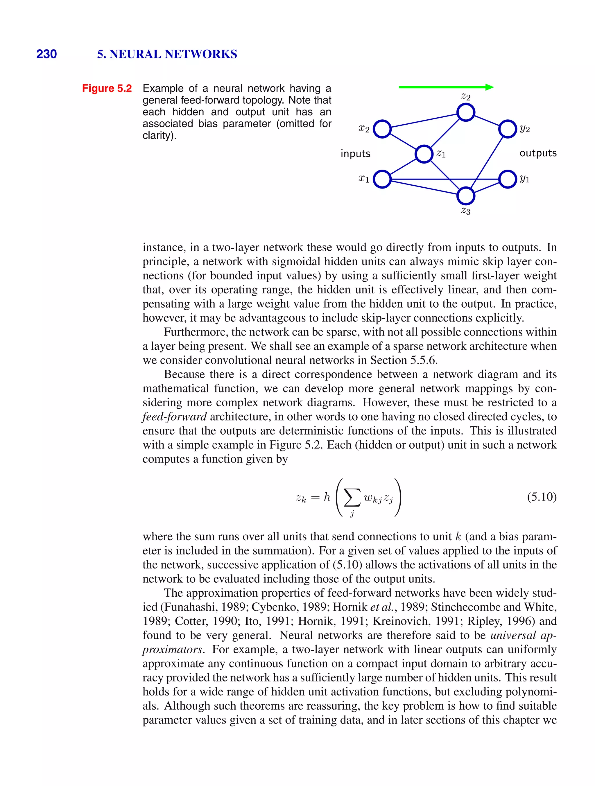 230 5. NEURAL NETWORKS
Figure 5.2 Example of a neural network having a
general feed-forward topology. Note that
each hidden and output unit has an
associated bias parameter (omitted for
clarity).
x1
x2
z1
z3
z2
y1
y2
inputs outputs
instance, in a two-layer network these would go directly from inputs to outputs. In
principle, a network with sigmoidal hidden units can always mimic skip layer con-
nections (for bounded input values) by using a sufﬁciently small ﬁrst-layer weight
that, over its operating range, the hidden unit is effectively linear, and then com-
pensating with a large weight value from the hidden unit to the output. In practice,
however, it may be advantageous to include skip-layer connections explicitly.
Furthermore, the network can be sparse, with not all possible connections within
a layer being present. We shall see an example of a sparse network architecture when
we consider convolutional neural networks in Section 5.5.6.
Because there is a direct correspondence between a network diagram and its
mathematical function, we can develop more general network mappings by con-
sidering more complex network diagrams. However, these must be restricted to a
feed-forward architecture, in other words to one having no closed directed cycles, to
ensure that the outputs are deterministic functions of the inputs. This is illustrated
with a simple example in Figure 5.2. Each (hidden or output) unit in such a network
computes a function given by
zk = h


j
wkjzj

(5.10)
where the sum runs over all units that send connections to unit k (and a bias param-
eter is included in the summation). For a given set of values applied to the inputs of
the network, successive application of (5.10) allows the activations of all units in the
network to be evaluated including those of the output units.
The approximation properties of feed-forward networks have been widely stud-
ied (Funahashi, 1989; Cybenko, 1989; Hornik et al., 1989; Stinchecombe and White,
1989; Cotter, 1990; Ito, 1991; Hornik, 1991; Kreinovich, 1991; Ripley, 1996) and
found to be very general. Neural networks are therefore said to be universal ap-
proximators. For example, a two-layer network with linear outputs can uniformly
approximate any continuous function on a compact input domain to arbitrary accu-
racy provided the network has a sufﬁciently large number of hidden units. This result
holds for a wide range of hidden unit activation functions, but excluding polynomi-
als. Although such theorems are reassuring, the key problem is how to ﬁnd suitable
parameter values given a set of training data, and in later sections of this chapter we
 