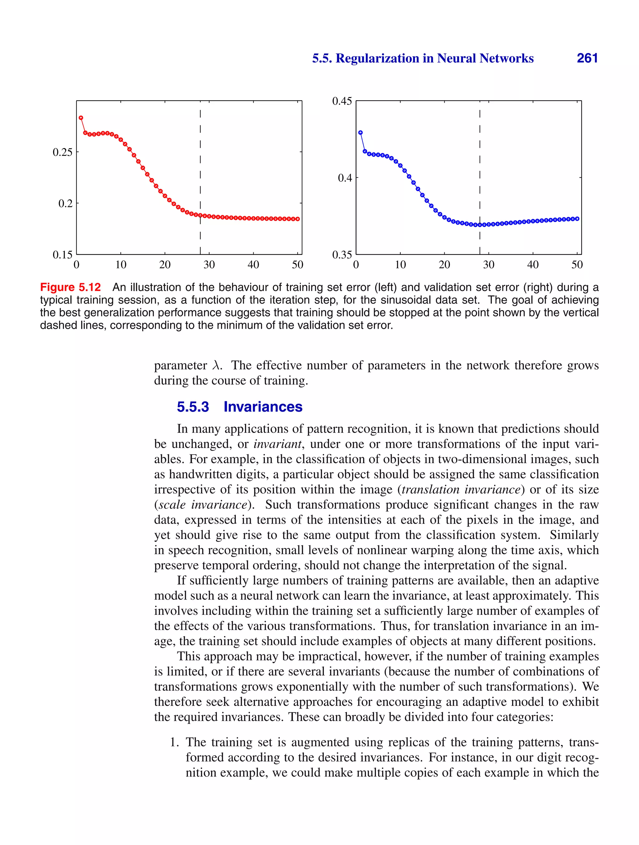 5.5. Regularization in Neural Networks 261
0 10 20 30 40 50
0.15
0.2
0.25
0 10 20 30 40 50
0.35
0.4
0.45
Figure 5.12 An illustration of the behaviour of training set error (left) and validation set error (right) during a
typical training session, as a function of the iteration step, for the sinusoidal data set. The goal of achieving
the best generalization performance suggests that training should be stopped at the point shown by the vertical
dashed lines, corresponding to the minimum of the validation set error.
parameter λ. The effective number of parameters in the network therefore grows
during the course of training.
5.5.3 Invariances
In many applications of pattern recognition, it is known that predictions should
be unchanged, or invariant, under one or more transformations of the input vari-
ables. For example, in the classiﬁcation of objects in two-dimensional images, such
as handwritten digits, a particular object should be assigned the same classiﬁcation
irrespective of its position within the image (translation invariance) or of its size
(scale invariance). Such transformations produce signiﬁcant changes in the raw
data, expressed in terms of the intensities at each of the pixels in the image, and
yet should give rise to the same output from the classiﬁcation system. Similarly
in speech recognition, small levels of nonlinear warping along the time axis, which
preserve temporal ordering, should not change the interpretation of the signal.
If sufﬁciently large numbers of training patterns are available, then an adaptive
model such as a neural network can learn the invariance, at least approximately. This
involves including within the training set a sufﬁciently large number of examples of
the effects of the various transformations. Thus, for translation invariance in an im-
age, the training set should include examples of objects at many different positions.
This approach may be impractical, however, if the number of training examples
is limited, or if there are several invariants (because the number of combinations of
transformations grows exponentially with the number of such transformations). We
therefore seek alternative approaches for encouraging an adaptive model to exhibit
the required invariances. These can broadly be divided into four categories:
1. The training set is augmented using replicas of the training patterns, trans-
formed according to the desired invariances. For instance, in our digit recog-
nition example, we could make multiple copies of each example in which the
 