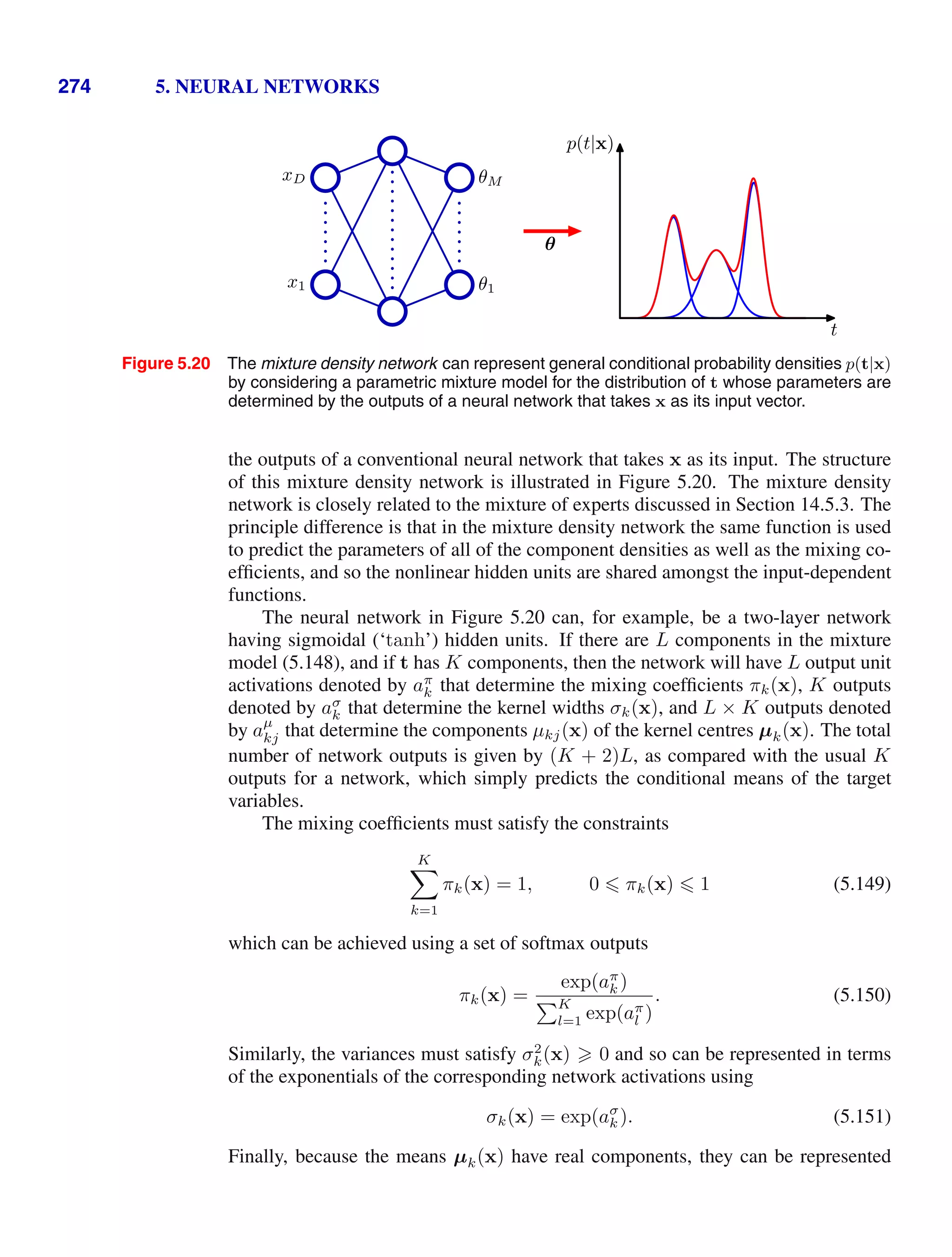 274 5. NEURAL NETWORKS
x1
xD
θ1
θM
θ
t
p(t|x)
Figure 5.20 The mixture density network can represent general conditional probability densities p(t|x)
by considering a parametric mixture model for the distribution of t whose parameters are
determined by the outputs of a neural network that takes x as its input vector.
the outputs of a conventional neural network that takes x as its input. The structure
of this mixture density network is illustrated in Figure 5.20. The mixture density
network is closely related to the mixture of experts discussed in Section 14.5.3. The
principle difference is that in the mixture density network the same function is used
to predict the parameters of all of the component densities as well as the mixing co-
efﬁcients, and so the nonlinear hidden units are shared amongst the input-dependent
functions.
The neural network in Figure 5.20 can, for example, be a two-layer network
having sigmoidal (‘tanh’) hidden units. If there are L components in the mixture
model (5.148), and if t has K components, then the network will have L output unit
activations denoted by aπ
k that determine the mixing coefﬁcients πk(x), K outputs
denoted by aσ
k that determine the kernel widths σk(x), and L × K outputs denoted
by aµ
kj that determine the components µkj(x) of the kernel centres µk(x). The total
number of network outputs is given by (K + 2)L, as compared with the usual K
outputs for a network, which simply predicts the conditional means of the target
variables.
The mixing coefﬁcients must satisfy the constraints
K

k=1
πk(x) = 1, 0  πk(x)  1 (5.149)
which can be achieved using a set of softmax outputs
πk(x) =
exp(aπ
k )
K
l=1 exp(aπ
l )
. (5.150)
Similarly, the variances must satisfy σ2
k(x)  0 and so can be represented in terms
of the exponentials of the corresponding network activations using
σk(x) = exp(aσ
k ). (5.151)
Finally, because the means µk(x) have real components, they can be represented
 