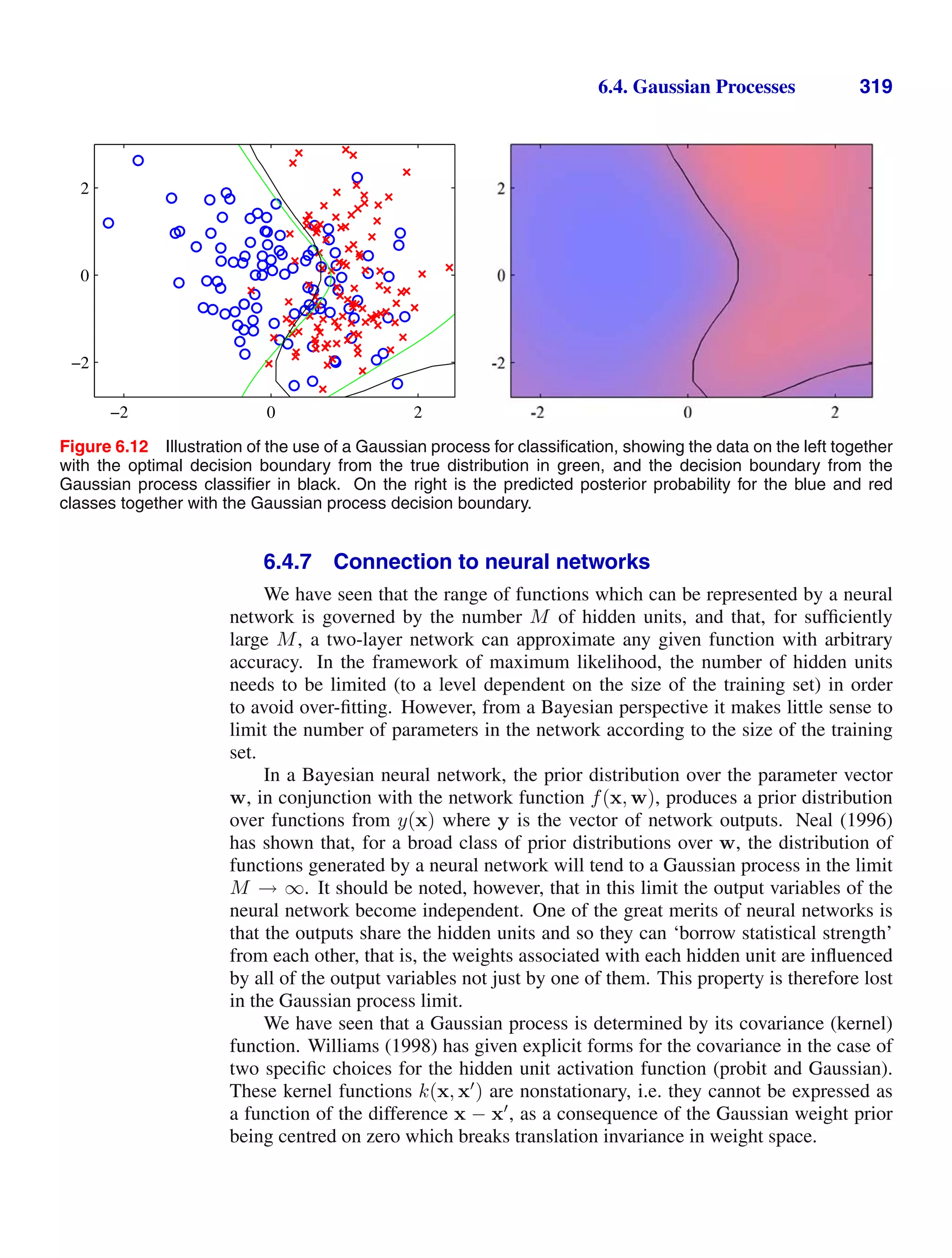 6.4. Gaussian Processes 319
−2 0 2
−2
0
2
Figure 6.12 Illustration of the use of a Gaussian process for classiﬁcation, showing the data on the left together
with the optimal decision boundary from the true distribution in green, and the decision boundary from the
Gaussian process classiﬁer in black. On the right is the predicted posterior probability for the blue and red
classes together with the Gaussian process decision boundary.
6.4.7 Connection to neural networks
We have seen that the range of functions which can be represented by a neural
network is governed by the number M of hidden units, and that, for sufﬁciently
large M, a two-layer network can approximate any given function with arbitrary
accuracy. In the framework of maximum likelihood, the number of hidden units
needs to be limited (to a level dependent on the size of the training set) in order
to avoid over-ﬁtting. However, from a Bayesian perspective it makes little sense to
limit the number of parameters in the network according to the size of the training
set.
In a Bayesian neural network, the prior distribution over the parameter vector
w, in conjunction with the network function f(x, w), produces a prior distribution
over functions from y(x) where y is the vector of network outputs. Neal (1996)
has shown that, for a broad class of prior distributions over w, the distribution of
functions generated by a neural network will tend to a Gaussian process in the limit
M → ∞. It should be noted, however, that in this limit the output variables of the
neural network become independent. One of the great merits of neural networks is
that the outputs share the hidden units and so they can ‘borrow statistical strength’
from each other, that is, the weights associated with each hidden unit are inﬂuenced
by all of the output variables not just by one of them. This property is therefore lost
in the Gaussian process limit.
We have seen that a Gaussian process is determined by its covariance (kernel)
function. Williams (1998) has given explicit forms for the covariance in the case of
two speciﬁc choices for the hidden unit activation function (probit and Gaussian).
These kernel functions k(x, x
) are nonstationary, i.e. they cannot be expressed as
a function of the difference x − x
, as a consequence of the Gaussian weight prior
being centred on zero which breaks translation invariance in weight space.
 