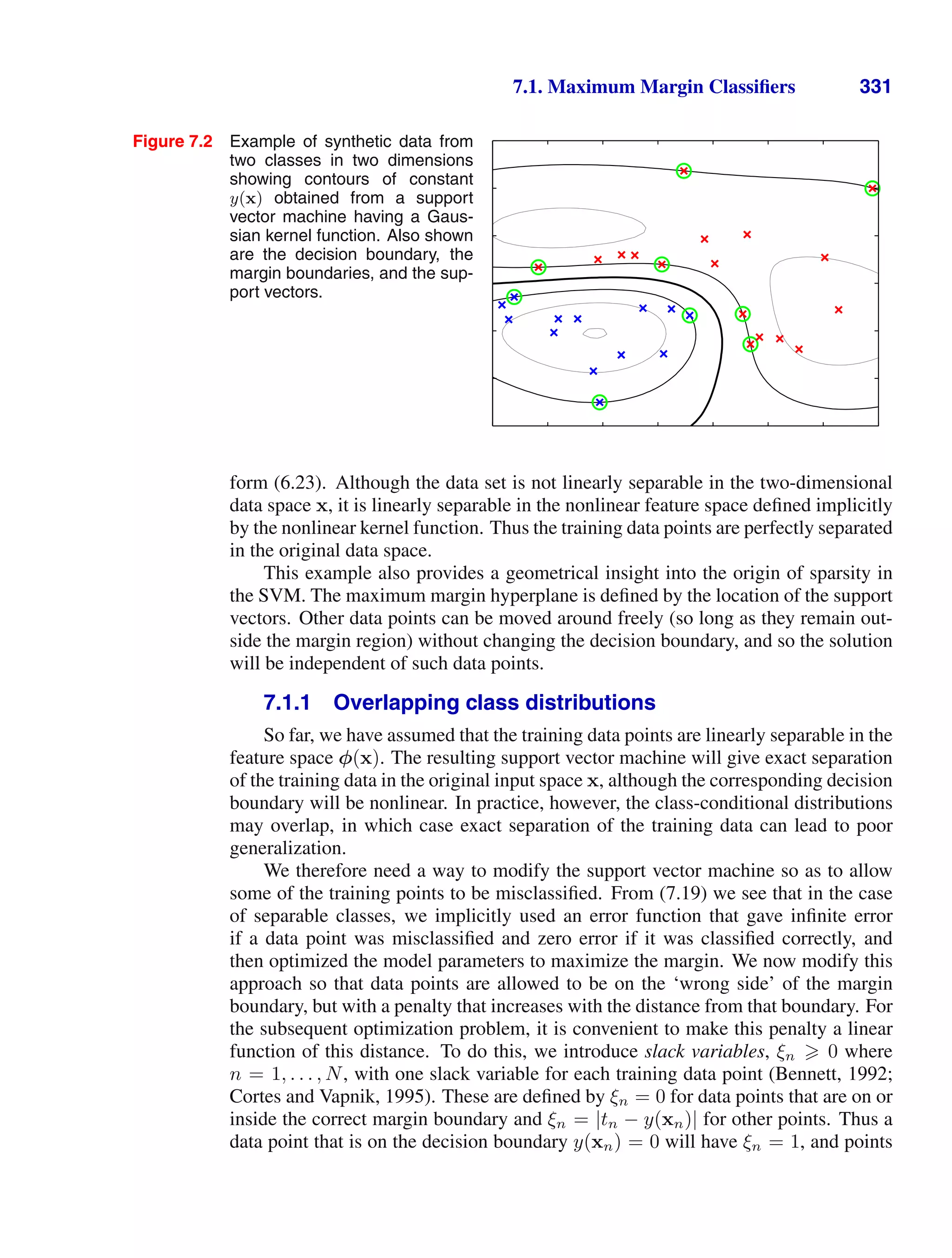 7.1. Maximum Margin Classiﬁers 331
Figure 7.2 Example of synthetic data from
two classes in two dimensions
showing contours of constant
y(x) obtained from a support
vector machine having a Gaus-
sian kernel function. Also shown
are the decision boundary, the
margin boundaries, and the sup-
port vectors.
form (6.23). Although the data set is not linearly separable in the two-dimensional
data space x, it is linearly separable in the nonlinear feature space deﬁned implicitly
by the nonlinear kernel function. Thus the training data points are perfectly separated
in the original data space.
This example also provides a geometrical insight into the origin of sparsity in
the SVM. The maximum margin hyperplane is deﬁned by the location of the support
vectors. Other data points can be moved around freely (so long as they remain out-
side the margin region) without changing the decision boundary, and so the solution
will be independent of such data points.
7.1.1 Overlapping class distributions
So far, we have assumed that the training data points are linearly separable in the
feature space φ(x). The resulting support vector machine will give exact separation
of the training data in the original input space x, although the corresponding decision
boundary will be nonlinear. In practice, however, the class-conditional distributions
may overlap, in which case exact separation of the training data can lead to poor
generalization.
We therefore need a way to modify the support vector machine so as to allow
some of the training points to be misclassiﬁed. From (7.19) we see that in the case
of separable classes, we implicitly used an error function that gave inﬁnite error
if a data point was misclassiﬁed and zero error if it was classiﬁed correctly, and
then optimized the model parameters to maximize the margin. We now modify this
approach so that data points are allowed to be on the ‘wrong side’ of the margin
boundary, but with a penalty that increases with the distance from that boundary. For
the subsequent optimization problem, it is convenient to make this penalty a linear
function of this distance. To do this, we introduce slack variables, ξn  0 where
n = 1, . . . , N, with one slack variable for each training data point (Bennett, 1992;
Cortes and Vapnik, 1995). These are deﬁned by ξn = 0 for data points that are on or
inside the correct margin boundary and ξn = |tn − y(xn)| for other points. Thus a
data point that is on the decision boundary y(xn) = 0 will have ξn = 1, and points
 