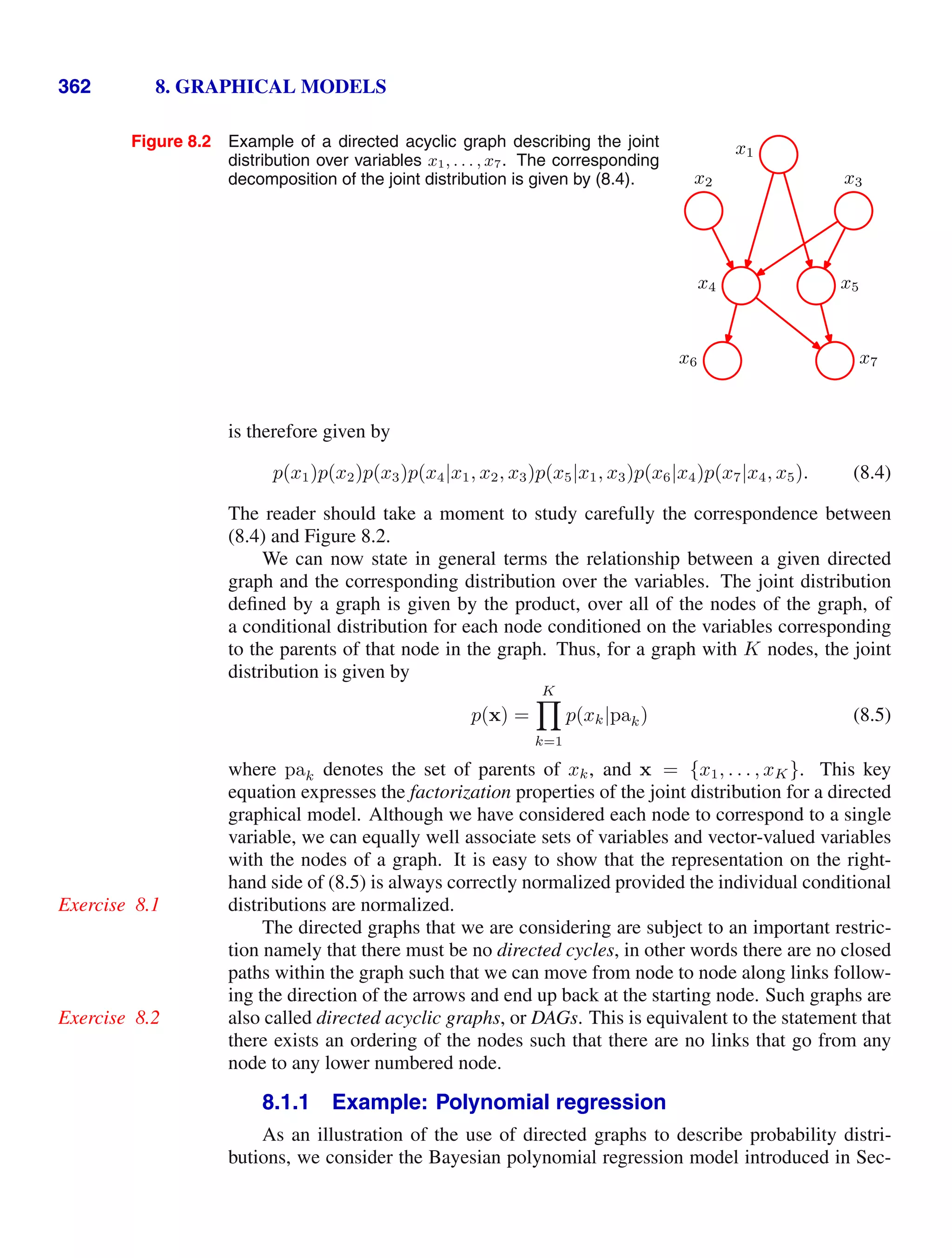 362 8. GRAPHICAL MODELS
Figure 8.2 Example of a directed acyclic graph describing the joint
distribution over variables x1, . . . , x7. The corresponding
decomposition of the joint distribution is given by (8.4).
x1
x2 x3
x4 x5
x6 x7
is therefore given by
p(x1)p(x2)p(x3)p(x4|x1, x2, x3)p(x5|x1, x3)p(x6|x4)p(x7|x4, x5). (8.4)
The reader should take a moment to study carefully the correspondence between
(8.4) and Figure 8.2.
We can now state in general terms the relationship between a given directed
graph and the corresponding distribution over the variables. The joint distribution
deﬁned by a graph is given by the product, over all of the nodes of the graph, of
a conditional distribution for each node conditioned on the variables corresponding
to the parents of that node in the graph. Thus, for a graph with K nodes, the joint
distribution is given by
p(x) =
K

k=1
p(xk|pak) (8.5)
where pak denotes the set of parents of xk, and x = {x1, . . . , xK}. This key
equation expresses the factorization properties of the joint distribution for a directed
graphical model. Although we have considered each node to correspond to a single
variable, we can equally well associate sets of variables and vector-valued variables
with the nodes of a graph. It is easy to show that the representation on the right-
hand side of (8.5) is always correctly normalized provided the individual conditional
distributions are normalized.
Exercise 8.1
The directed graphs that we are considering are subject to an important restric-
tion namely that there must be no directed cycles, in other words there are no closed
paths within the graph such that we can move from node to node along links follow-
ing the direction of the arrows and end up back at the starting node. Such graphs are
also called directed acyclic graphs, or DAGs. This is equivalent to the statement that
Exercise 8.2
there exists an ordering of the nodes such that there are no links that go from any
node to any lower numbered node.
8.1.1 Example: Polynomial regression
As an illustration of the use of directed graphs to describe probability distri-
butions, we consider the Bayesian polynomial regression model introduced in Sec-
 