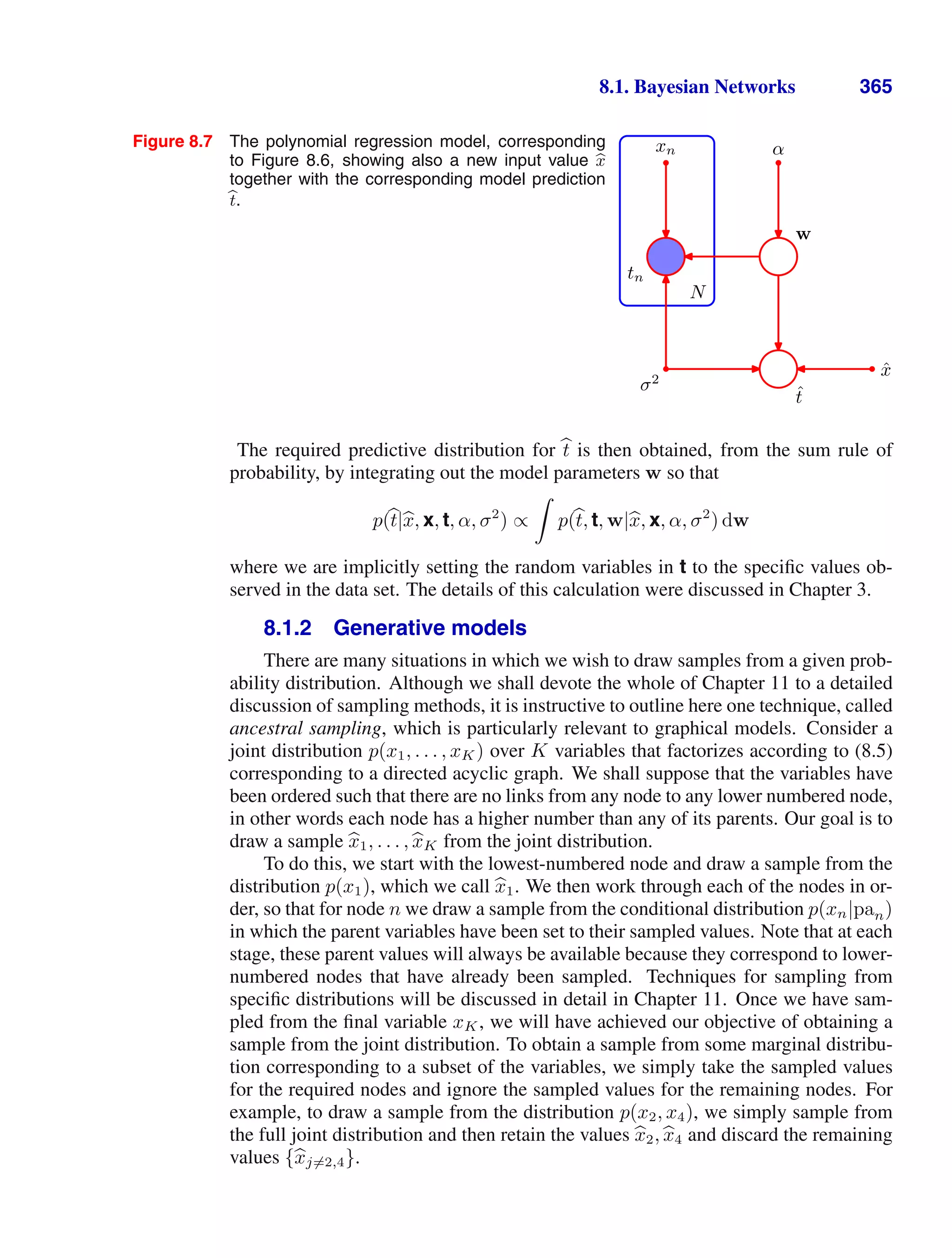 8.1. Bayesian Networks 365
Figure 8.7 The polynomial regression model, corresponding
to Figure 8.6, showing also a new input value b
x
together with the corresponding model prediction
b
t.
tn
xn
N
w
α
t̂
σ2
x̂
The required predictive distribution for 
t is then obtained, from the sum rule of
probability, by integrating out the model parameters w so that
p(
t|
x, x, t, α, σ2
) ∝

p(
t, t, w|
x, x, α, σ2
) dw
where we are implicitly setting the random variables in t to the speciﬁc values ob-
served in the data set. The details of this calculation were discussed in Chapter 3.
8.1.2 Generative models
There are many situations in which we wish to draw samples from a given prob-
ability distribution. Although we shall devote the whole of Chapter 11 to a detailed
discussion of sampling methods, it is instructive to outline here one technique, called
ancestral sampling, which is particularly relevant to graphical models. Consider a
joint distribution p(x1, . . . , xK) over K variables that factorizes according to (8.5)
corresponding to a directed acyclic graph. We shall suppose that the variables have
been ordered such that there are no links from any node to any lower numbered node,
in other words each node has a higher number than any of its parents. Our goal is to
draw a sample 
x1, . . . , 
xK from the joint distribution.
To do this, we start with the lowest-numbered node and draw a sample from the
distribution p(x1), which we call 
x1. We then work through each of the nodes in or-
der, so that for node n we draw a sample from the conditional distribution p(xn|pan)
in which the parent variables have been set to their sampled values. Note that at each
stage, these parent values will always be available because they correspond to lower-
numbered nodes that have already been sampled. Techniques for sampling from
speciﬁc distributions will be discussed in detail in Chapter 11. Once we have sam-
pled from the ﬁnal variable xK, we will have achieved our objective of obtaining a
sample from the joint distribution. To obtain a sample from some marginal distribu-
tion corresponding to a subset of the variables, we simply take the sampled values
for the required nodes and ignore the sampled values for the remaining nodes. For
example, to draw a sample from the distribution p(x2, x4), we simply sample from
the full joint distribution and then retain the values 
x2, 
x4 and discard the remaining
values {
xj=2,4}.
 