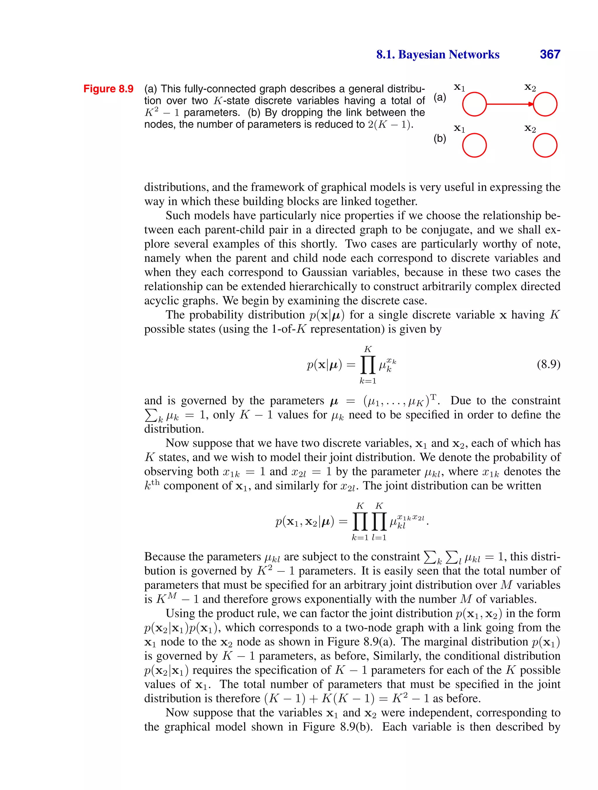 8.1. Bayesian Networks 367
Figure 8.9 (a) This fully-connected graph describes a general distribu-
tion over two K-state discrete variables having a total of
K2
− 1 parameters. (b) By dropping the link between the
nodes, the number of parameters is reduced to 2(K − 1).
(a)
x1 x2
(b)
x1 x2
distributions, and the framework of graphical models is very useful in expressing the
way in which these building blocks are linked together.
Such models have particularly nice properties if we choose the relationship be-
tween each parent-child pair in a directed graph to be conjugate, and we shall ex-
plore several examples of this shortly. Two cases are particularly worthy of note,
namely when the parent and child node each correspond to discrete variables and
when they each correspond to Gaussian variables, because in these two cases the
relationship can be extended hierarchically to construct arbitrarily complex directed
acyclic graphs. We begin by examining the discrete case.
The probability distribution p(x|µ) for a single discrete variable x having K
possible states (using the 1-of-K representation) is given by
p(x|µ) =
K

k=1
µxk
k (8.9)
and is governed by the parameters µ = (µ1, . . . , µK)T
. Due to the constraint

k µk = 1, only K − 1 values for µk need to be speciﬁed in order to deﬁne the
distribution.
Now suppose that we have two discrete variables, x1 and x2, each of which has
K states, and we wish to model their joint distribution. We denote the probability of
observing both x1k = 1 and x2l = 1 by the parameter µkl, where x1k denotes the
kth
component of x1, and similarly for x2l. The joint distribution can be written
p(x1, x2|µ) =
K

k=1
K

l=1
µx1kx2l
kl .
Because the parameters µkl are subject to the constraint

k

l µkl = 1, this distri-
bution is governed by K2
− 1 parameters. It is easily seen that the total number of
parameters that must be speciﬁed for an arbitrary joint distribution over M variables
is KM
− 1 and therefore grows exponentially with the number M of variables.
Using the product rule, we can factor the joint distribution p(x1, x2) in the form
p(x2|x1)p(x1), which corresponds to a two-node graph with a link going from the
x1 node to the x2 node as shown in Figure 8.9(a). The marginal distribution p(x1)
is governed by K − 1 parameters, as before, Similarly, the conditional distribution
p(x2|x1) requires the speciﬁcation of K − 1 parameters for each of the K possible
values of x1. The total number of parameters that must be speciﬁed in the joint
distribution is therefore (K − 1) + K(K − 1) = K2
− 1 as before.
Now suppose that the variables x1 and x2 were independent, corresponding to
the graphical model shown in Figure 8.9(b). Each variable is then described by
 