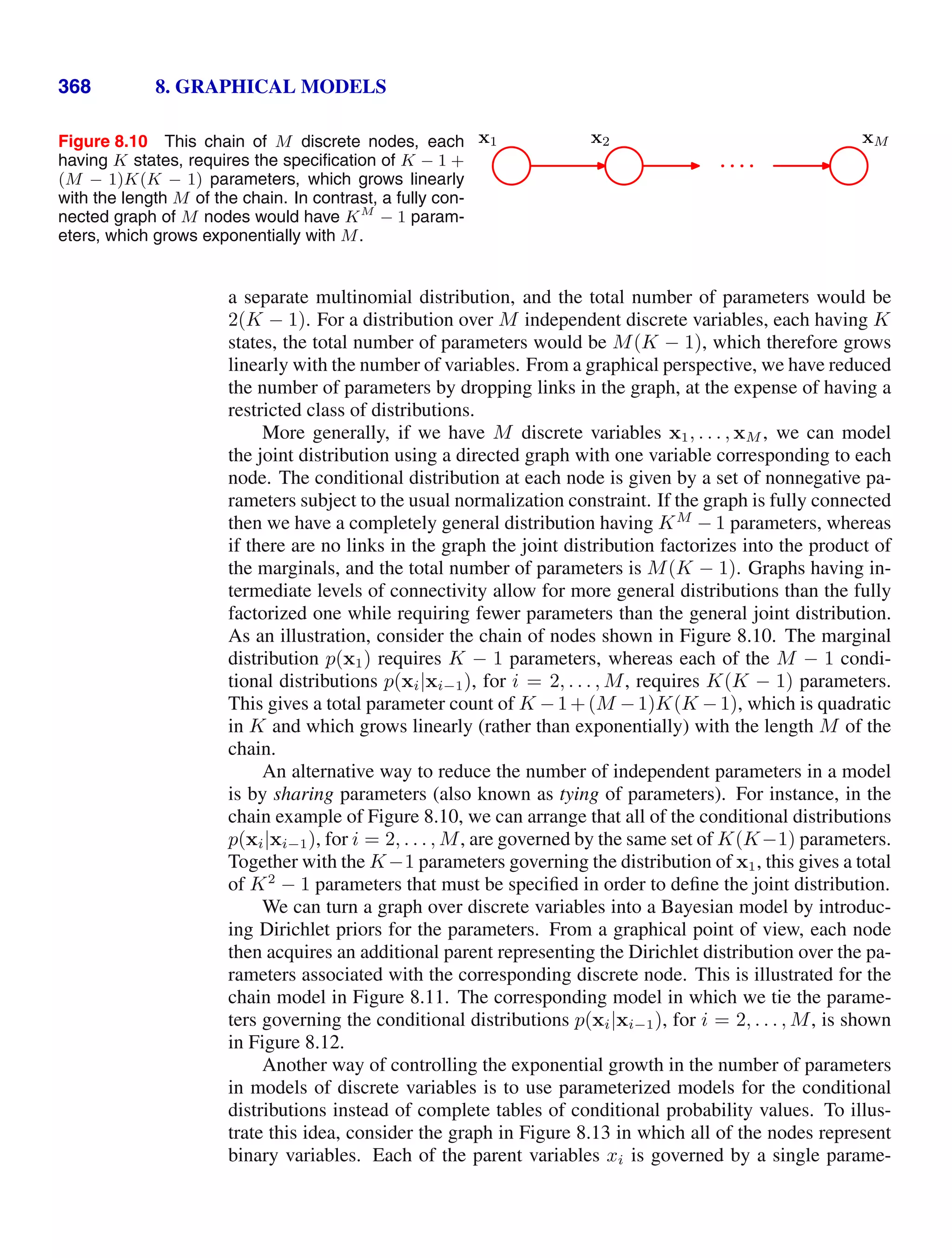 368 8. GRAPHICAL MODELS
Figure 8.10 This chain of M discrete nodes, each
having K states, requires the speciﬁcation of K − 1 +
(M − 1)K(K − 1) parameters, which grows linearly
with the length M of the chain. In contrast, a fully con-
nected graph of M nodes would have KM
− 1 param-
eters, which grows exponentially with M.
x1 x2 xM
a separate multinomial distribution, and the total number of parameters would be
2(K − 1). For a distribution over M independent discrete variables, each having K
states, the total number of parameters would be M(K − 1), which therefore grows
linearly with the number of variables. From a graphical perspective, we have reduced
the number of parameters by dropping links in the graph, at the expense of having a
restricted class of distributions.
More generally, if we have M discrete variables x1, . . . , xM , we can model
the joint distribution using a directed graph with one variable corresponding to each
node. The conditional distribution at each node is given by a set of nonnegative pa-
rameters subject to the usual normalization constraint. If the graph is fully connected
then we have a completely general distribution having KM
− 1 parameters, whereas
if there are no links in the graph the joint distribution factorizes into the product of
the marginals, and the total number of parameters is M(K − 1). Graphs having in-
termediate levels of connectivity allow for more general distributions than the fully
factorized one while requiring fewer parameters than the general joint distribution.
As an illustration, consider the chain of nodes shown in Figure 8.10. The marginal
distribution p(x1) requires K − 1 parameters, whereas each of the M − 1 condi-
tional distributions p(xi|xi−1), for i = 2, . . . , M, requires K(K − 1) parameters.
This gives a total parameter count of K −1+(M −1)K(K −1), which is quadratic
in K and which grows linearly (rather than exponentially) with the length M of the
chain.
An alternative way to reduce the number of independent parameters in a model
is by sharing parameters (also known as tying of parameters). For instance, in the
chain example of Figure 8.10, we can arrange that all of the conditional distributions
p(xi|xi−1), for i = 2, . . . , M, are governed by the same set of K(K−1) parameters.
Together with the K−1 parameters governing the distribution of x1, this gives a total
of K2
− 1 parameters that must be speciﬁed in order to deﬁne the joint distribution.
We can turn a graph over discrete variables into a Bayesian model by introduc-
ing Dirichlet priors for the parameters. From a graphical point of view, each node
then acquires an additional parent representing the Dirichlet distribution over the pa-
rameters associated with the corresponding discrete node. This is illustrated for the
chain model in Figure 8.11. The corresponding model in which we tie the parame-
ters governing the conditional distributions p(xi|xi−1), for i = 2, . . . , M, is shown
in Figure 8.12.
Another way of controlling the exponential growth in the number of parameters
in models of discrete variables is to use parameterized models for the conditional
distributions instead of complete tables of conditional probability values. To illus-
trate this idea, consider the graph in Figure 8.13 in which all of the nodes represent
binary variables. Each of the parent variables xi is governed by a single parame-
 