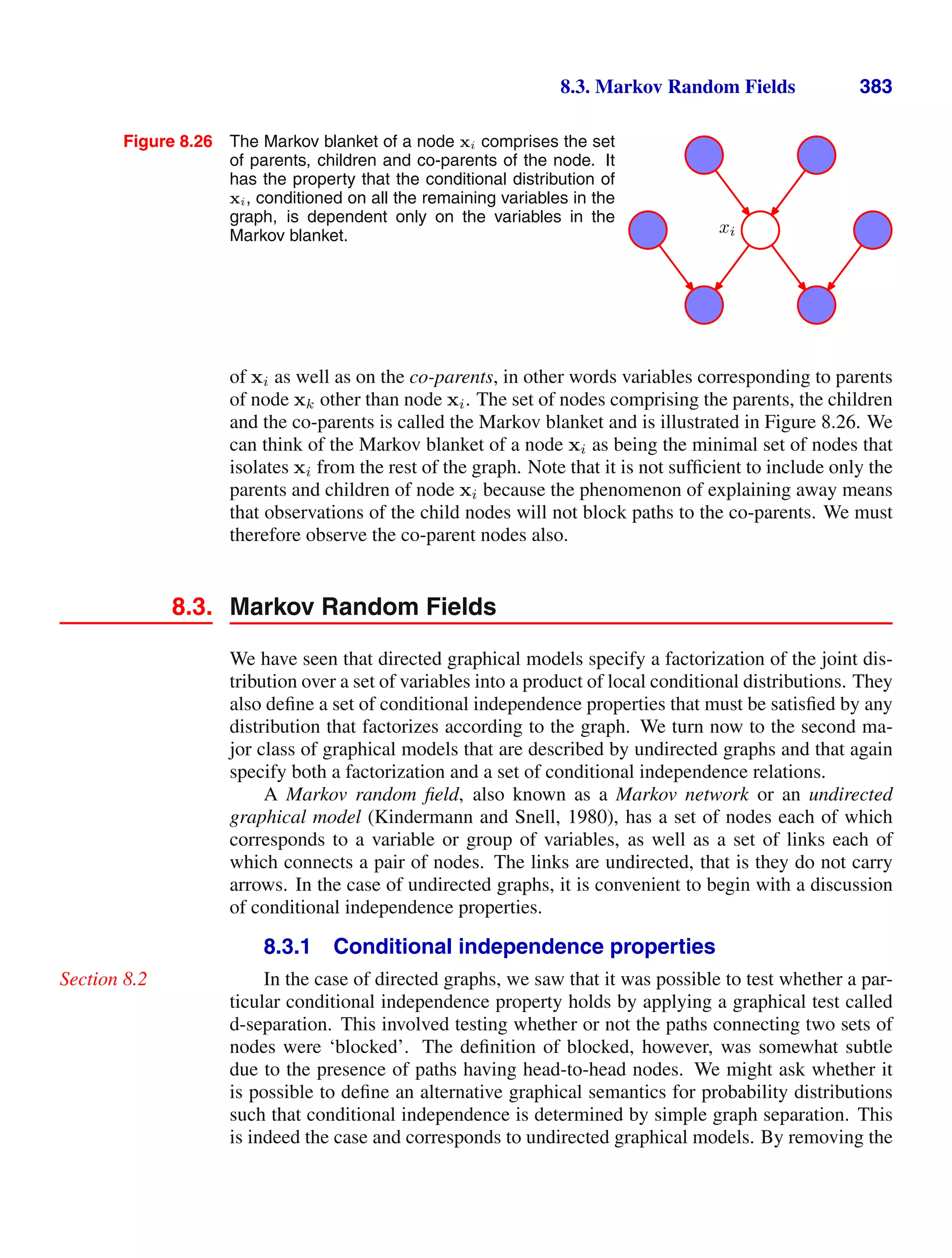 8.3. Markov Random Fields 383
Figure 8.26 The Markov blanket of a node xi comprises the set
of parents, children and co-parents of the node. It
has the property that the conditional distribution of
xi, conditioned on all the remaining variables in the
graph, is dependent only on the variables in the
Markov blanket. xi
of xi as well as on the co-parents, in other words variables corresponding to parents
of node xk other than node xi. The set of nodes comprising the parents, the children
and the co-parents is called the Markov blanket and is illustrated in Figure 8.26. We
can think of the Markov blanket of a node xi as being the minimal set of nodes that
isolates xi from the rest of the graph. Note that it is not sufﬁcient to include only the
parents and children of node xi because the phenomenon of explaining away means
that observations of the child nodes will not block paths to the co-parents. We must
therefore observe the co-parent nodes also.
8.3. Markov Random Fields
We have seen that directed graphical models specify a factorization of the joint dis-
tribution over a set of variables into a product of local conditional distributions. They
also deﬁne a set of conditional independence properties that must be satisﬁed by any
distribution that factorizes according to the graph. We turn now to the second ma-
jor class of graphical models that are described by undirected graphs and that again
specify both a factorization and a set of conditional independence relations.
A Markov random ﬁeld, also known as a Markov network or an undirected
graphical model (Kindermann and Snell, 1980), has a set of nodes each of which
corresponds to a variable or group of variables, as well as a set of links each of
which connects a pair of nodes. The links are undirected, that is they do not carry
arrows. In the case of undirected graphs, it is convenient to begin with a discussion
of conditional independence properties.
8.3.1 Conditional independence properties
In the case of directed graphs, we saw that it was possible to test whether a par-
Section 8.2
ticular conditional independence property holds by applying a graphical test called
d-separation. This involved testing whether or not the paths connecting two sets of
nodes were ‘blocked’. The deﬁnition of blocked, however, was somewhat subtle
due to the presence of paths having head-to-head nodes. We might ask whether it
is possible to deﬁne an alternative graphical semantics for probability distributions
such that conditional independence is determined by simple graph separation. This
is indeed the case and corresponds to undirected graphical models. By removing the
 