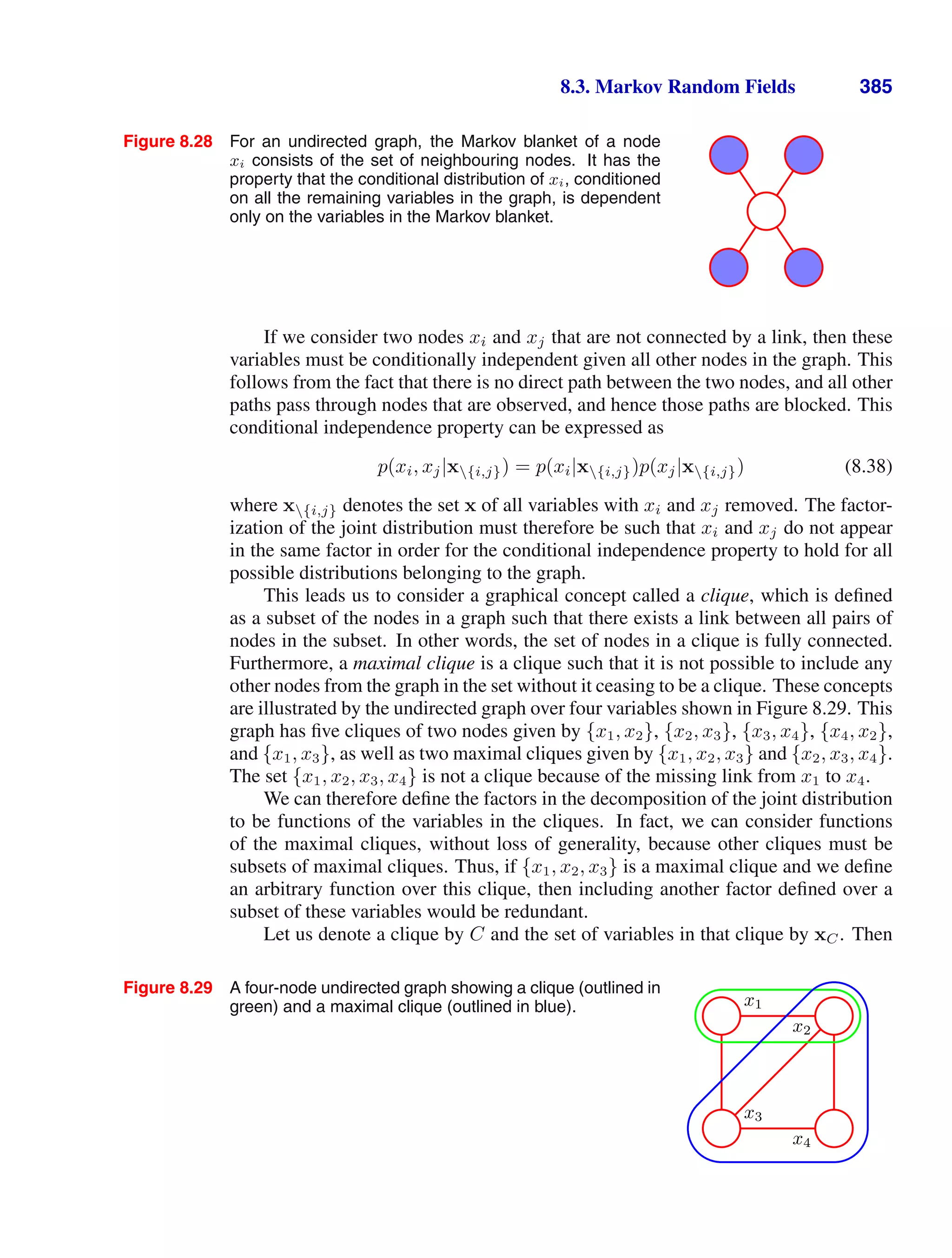 8.3. Markov Random Fields 385
Figure 8.28 For an undirected graph, the Markov blanket of a node
xi consists of the set of neighbouring nodes. It has the
property that the conditional distribution of xi, conditioned
on all the remaining variables in the graph, is dependent
only on the variables in the Markov blanket.
If we consider two nodes xi and xj that are not connected by a link, then these
variables must be conditionally independent given all other nodes in the graph. This
follows from the fact that there is no direct path between the two nodes, and all other
paths pass through nodes that are observed, and hence those paths are blocked. This
conditional independence property can be expressed as
p(xi, xj|x{i,j}) = p(xi|x{i,j})p(xj|x{i,j}) (8.38)
where x{i,j} denotes the set x of all variables with xi and xj removed. The factor-
ization of the joint distribution must therefore be such that xi and xj do not appear
in the same factor in order for the conditional independence property to hold for all
possible distributions belonging to the graph.
This leads us to consider a graphical concept called a clique, which is deﬁned
as a subset of the nodes in a graph such that there exists a link between all pairs of
nodes in the subset. In other words, the set of nodes in a clique is fully connected.
Furthermore, a maximal clique is a clique such that it is not possible to include any
other nodes from the graph in the set without it ceasing to be a clique. These concepts
are illustrated by the undirected graph over four variables shown in Figure 8.29. This
graph has ﬁve cliques of two nodes given by {x1, x2}, {x2, x3}, {x3, x4}, {x4, x2},
and {x1, x3}, as well as two maximal cliques given by {x1, x2, x3} and {x2, x3, x4}.
The set {x1, x2, x3, x4} is not a clique because of the missing link from x1 to x4.
We can therefore deﬁne the factors in the decomposition of the joint distribution
to be functions of the variables in the cliques. In fact, we can consider functions
of the maximal cliques, without loss of generality, because other cliques must be
subsets of maximal cliques. Thus, if {x1, x2, x3} is a maximal clique and we deﬁne
an arbitrary function over this clique, then including another factor deﬁned over a
subset of these variables would be redundant.
Let us denote a clique by C and the set of variables in that clique by xC. Then
Figure 8.29 A four-node undirected graph showing a clique (outlined in
green) and a maximal clique (outlined in blue). x1
x2
x3
x4
 