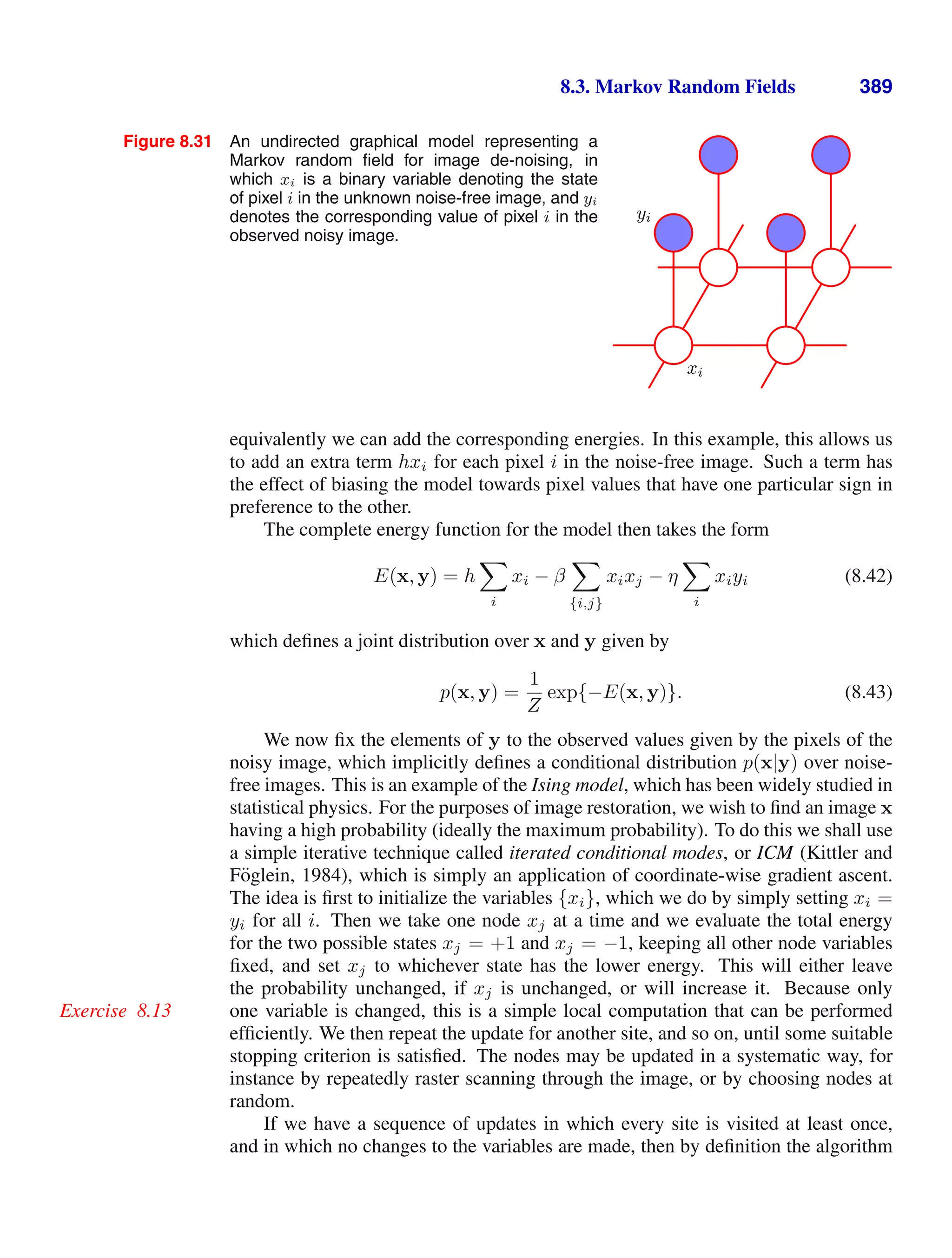 8.3. Markov Random Fields 389
Figure 8.31 An undirected graphical model representing a
Markov random ﬁeld for image de-noising, in
which xi is a binary variable denoting the state
of pixel i in the unknown noise-free image, and yi
denotes the corresponding value of pixel i in the
observed noisy image.
xi
yi
equivalently we can add the corresponding energies. In this example, this allows us
to add an extra term hxi for each pixel i in the noise-free image. Such a term has
the effect of biasing the model towards pixel values that have one particular sign in
preference to the other.
The complete energy function for the model then takes the form
E(x, y) = h

i
xi − β

{i,j}
xixj − η

i
xiyi (8.42)
which deﬁnes a joint distribution over x and y given by
p(x, y) =
1
Z
exp{−E(x, y)}. (8.43)
We now ﬁx the elements of y to the observed values given by the pixels of the
noisy image, which implicitly deﬁnes a conditional distribution p(x|y) over noise-
free images. This is an example of the Ising model, which has been widely studied in
statistical physics. For the purposes of image restoration, we wish to ﬁnd an image x
having a high probability (ideally the maximum probability). To do this we shall use
a simple iterative technique called iterated conditional modes, or ICM (Kittler and
Föglein, 1984), which is simply an application of coordinate-wise gradient ascent.
The idea is ﬁrst to initialize the variables {xi}, which we do by simply setting xi =
yi for all i. Then we take one node xj at a time and we evaluate the total energy
for the two possible states xj = +1 and xj = −1, keeping all other node variables
ﬁxed, and set xj to whichever state has the lower energy. This will either leave
the probability unchanged, if xj is unchanged, or will increase it. Because only
one variable is changed, this is a simple local computation that can be performed
Exercise 8.13
efﬁciently. We then repeat the update for another site, and so on, until some suitable
stopping criterion is satisﬁed. The nodes may be updated in a systematic way, for
instance by repeatedly raster scanning through the image, or by choosing nodes at
random.
If we have a sequence of updates in which every site is visited at least once,
and in which no changes to the variables are made, then by deﬁnition the algorithm
 