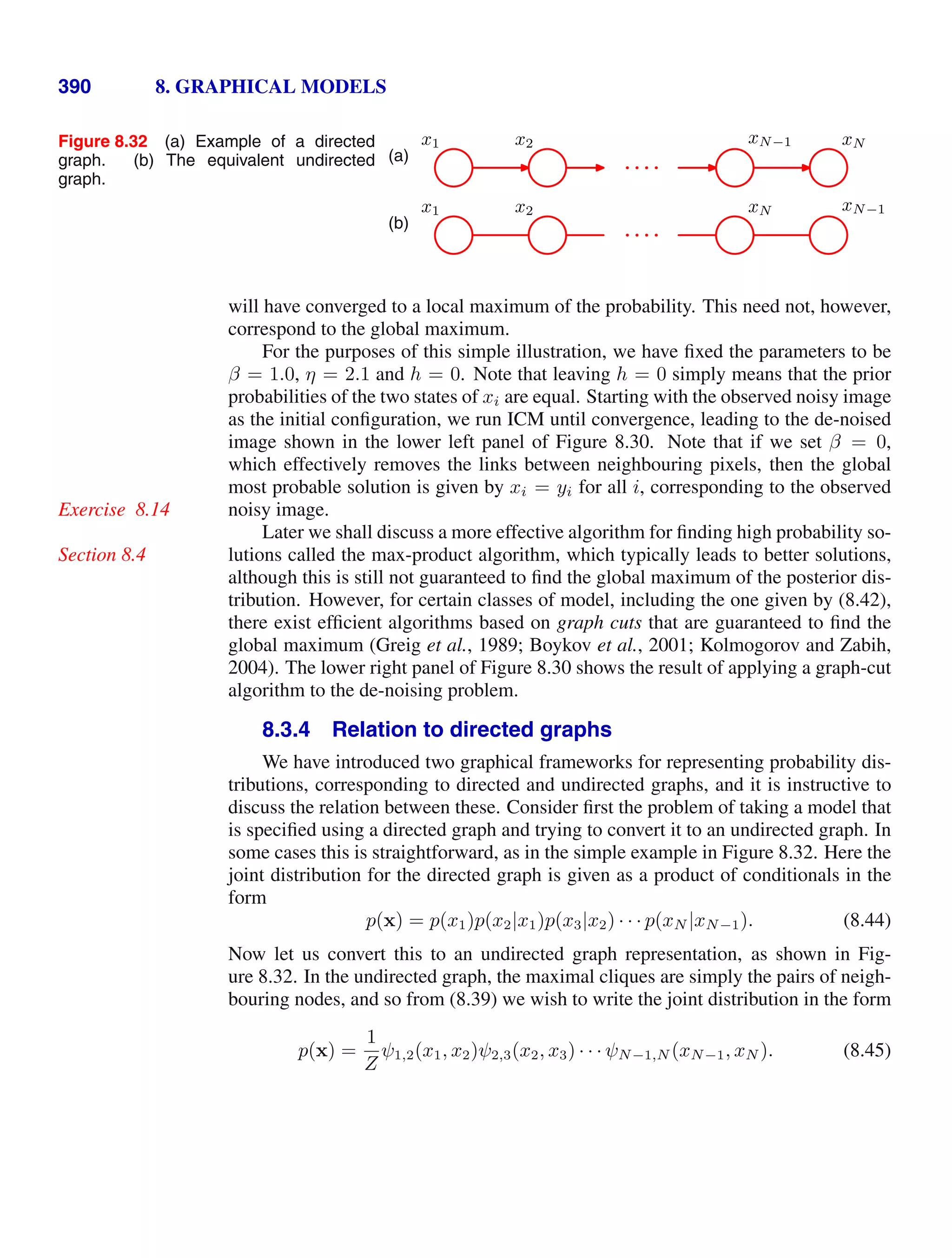 390 8. GRAPHICAL MODELS
Figure 8.32 (a) Example of a directed
graph. (b) The equivalent undirected
graph.
(a)
x1 x2 xN−1 xN
(b)
x1 x2 xN−1
xN
will have converged to a local maximum of the probability. This need not, however,
correspond to the global maximum.
For the purposes of this simple illustration, we have ﬁxed the parameters to be
β = 1.0, η = 2.1 and h = 0. Note that leaving h = 0 simply means that the prior
probabilities of the two states of xi are equal. Starting with the observed noisy image
as the initial conﬁguration, we run ICM until convergence, leading to the de-noised
image shown in the lower left panel of Figure 8.30. Note that if we set β = 0,
which effectively removes the links between neighbouring pixels, then the global
most probable solution is given by xi = yi for all i, corresponding to the observed
noisy image.
Exercise 8.14
Later we shall discuss a more effective algorithm for ﬁnding high probability so-
lutions called the max-product algorithm, which typically leads to better solutions,
Section 8.4
although this is still not guaranteed to ﬁnd the global maximum of the posterior dis-
tribution. However, for certain classes of model, including the one given by (8.42),
there exist efﬁcient algorithms based on graph cuts that are guaranteed to ﬁnd the
global maximum (Greig et al., 1989; Boykov et al., 2001; Kolmogorov and Zabih,
2004). The lower right panel of Figure 8.30 shows the result of applying a graph-cut
algorithm to the de-noising problem.
8.3.4 Relation to directed graphs
We have introduced two graphical frameworks for representing probability dis-
tributions, corresponding to directed and undirected graphs, and it is instructive to
discuss the relation between these. Consider ﬁrst the problem of taking a model that
is speciﬁed using a directed graph and trying to convert it to an undirected graph. In
some cases this is straightforward, as in the simple example in Figure 8.32. Here the
joint distribution for the directed graph is given as a product of conditionals in the
form
p(x) = p(x1)p(x2|x1)p(x3|x2) · · · p(xN |xN−1). (8.44)
Now let us convert this to an undirected graph representation, as shown in Fig-
ure 8.32. In the undirected graph, the maximal cliques are simply the pairs of neigh-
bouring nodes, and so from (8.39) we wish to write the joint distribution in the form
p(x) =
1
Z
ψ1,2(x1, x2)ψ2,3(x2, x3) · · · ψN−1,N (xN−1, xN ). (8.45)
 