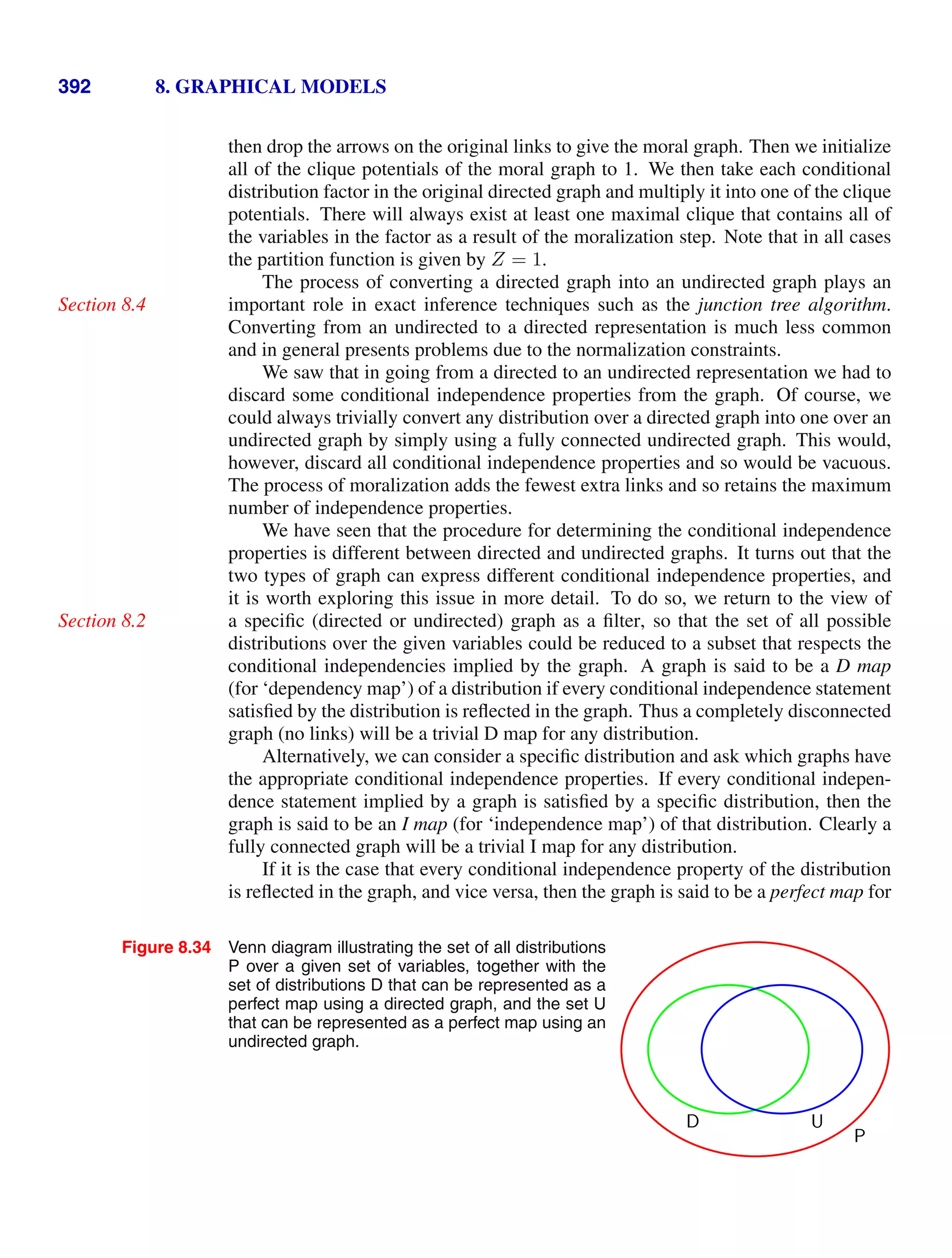392 8. GRAPHICAL MODELS
then drop the arrows on the original links to give the moral graph. Then we initialize
all of the clique potentials of the moral graph to 1. We then take each conditional
distribution factor in the original directed graph and multiply it into one of the clique
potentials. There will always exist at least one maximal clique that contains all of
the variables in the factor as a result of the moralization step. Note that in all cases
the partition function is given by Z = 1.
The process of converting a directed graph into an undirected graph plays an
important role in exact inference techniques such as the junction tree algorithm.
Section 8.4
Converting from an undirected to a directed representation is much less common
and in general presents problems due to the normalization constraints.
We saw that in going from a directed to an undirected representation we had to
discard some conditional independence properties from the graph. Of course, we
could always trivially convert any distribution over a directed graph into one over an
undirected graph by simply using a fully connected undirected graph. This would,
however, discard all conditional independence properties and so would be vacuous.
The process of moralization adds the fewest extra links and so retains the maximum
number of independence properties.
We have seen that the procedure for determining the conditional independence
properties is different between directed and undirected graphs. It turns out that the
two types of graph can express different conditional independence properties, and
it is worth exploring this issue in more detail. To do so, we return to the view of
a speciﬁc (directed or undirected) graph as a ﬁlter, so that the set of all possible
Section 8.2
distributions over the given variables could be reduced to a subset that respects the
conditional independencies implied by the graph. A graph is said to be a D map
(for ‘dependency map’) of a distribution if every conditional independence statement
satisﬁed by the distribution is reﬂected in the graph. Thus a completely disconnected
graph (no links) will be a trivial D map for any distribution.
Alternatively, we can consider a speciﬁc distribution and ask which graphs have
the appropriate conditional independence properties. If every conditional indepen-
dence statement implied by a graph is satisﬁed by a speciﬁc distribution, then the
graph is said to be an I map (for ‘independence map’) of that distribution. Clearly a
fully connected graph will be a trivial I map for any distribution.
If it is the case that every conditional independence property of the distribution
is reﬂected in the graph, and vice versa, then the graph is said to be a perfect map for
Figure 8.34 Venn diagram illustrating the set of all distributions
P over a given set of variables, together with the
set of distributions D that can be represented as a
perfect map using a directed graph, and the set U
that can be represented as a perfect map using an
undirected graph.
P
U
D
 