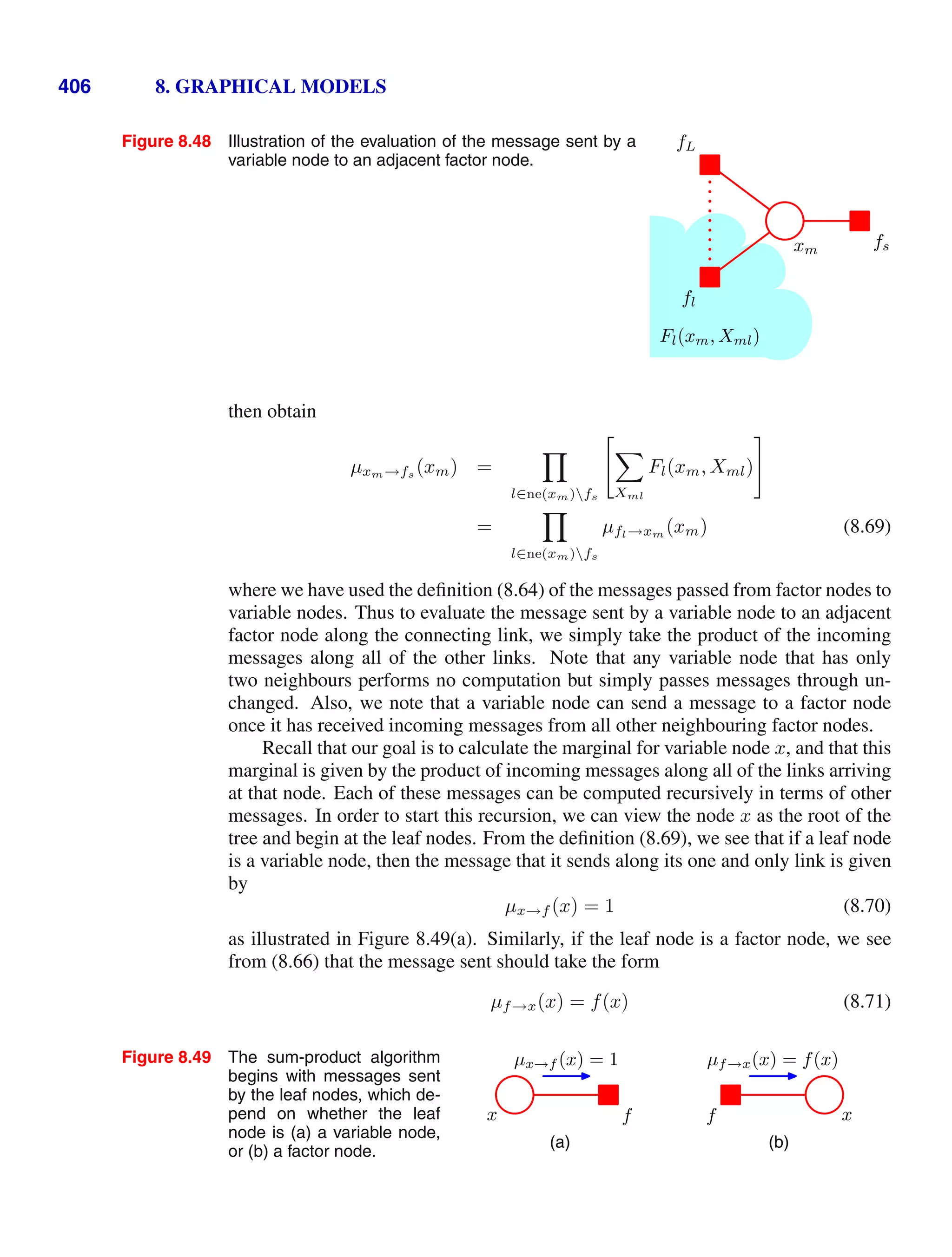 406 8. GRAPHICAL MODELS
Figure 8.48 Illustration of the evaluation of the message sent by a
variable node to an adjacent factor node.
xm
fl
fL
fs
Fl(xm, Xml)
then obtain
µxm→fs (xm) =

l∈ne(xm)fs


Xml
Fl(xm, Xml)
=

l∈ne(xm)fs
µfl→xm (xm) (8.69)
where we have used the deﬁnition (8.64) of the messages passed from factor nodes to
variable nodes. Thus to evaluate the message sent by a variable node to an adjacent
factor node along the connecting link, we simply take the product of the incoming
messages along all of the other links. Note that any variable node that has only
two neighbours performs no computation but simply passes messages through un-
changed. Also, we note that a variable node can send a message to a factor node
once it has received incoming messages from all other neighbouring factor nodes.
Recall that our goal is to calculate the marginal for variable node x, and that this
marginal is given by the product of incoming messages along all of the links arriving
at that node. Each of these messages can be computed recursively in terms of other
messages. In order to start this recursion, we can view the node x as the root of the
tree and begin at the leaf nodes. From the deﬁnition (8.69), we see that if a leaf node
is a variable node, then the message that it sends along its one and only link is given
by
µx→f (x) = 1 (8.70)
as illustrated in Figure 8.49(a). Similarly, if the leaf node is a factor node, we see
from (8.66) that the message sent should take the form
µf→x(x) = f(x) (8.71)
Figure 8.49 The sum-product algorithm
begins with messages sent
by the leaf nodes, which de-
pend on whether the leaf
node is (a) a variable node,
or (b) a factor node.
x f
µx→f (x) = 1
(a)
x
f
µf→x(x) = f(x)
(b)
 